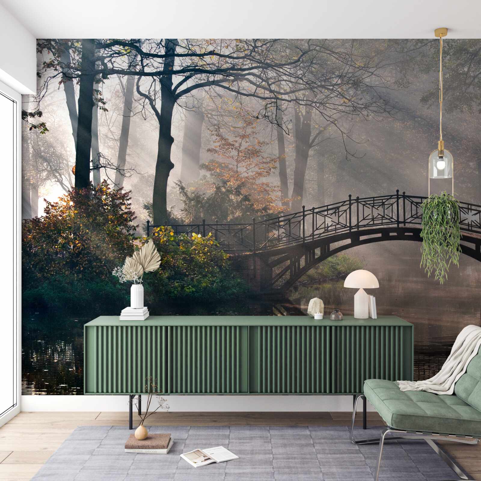 Fototapet podul din pădurea cețoasă care traversează lacul este realizat din lemn