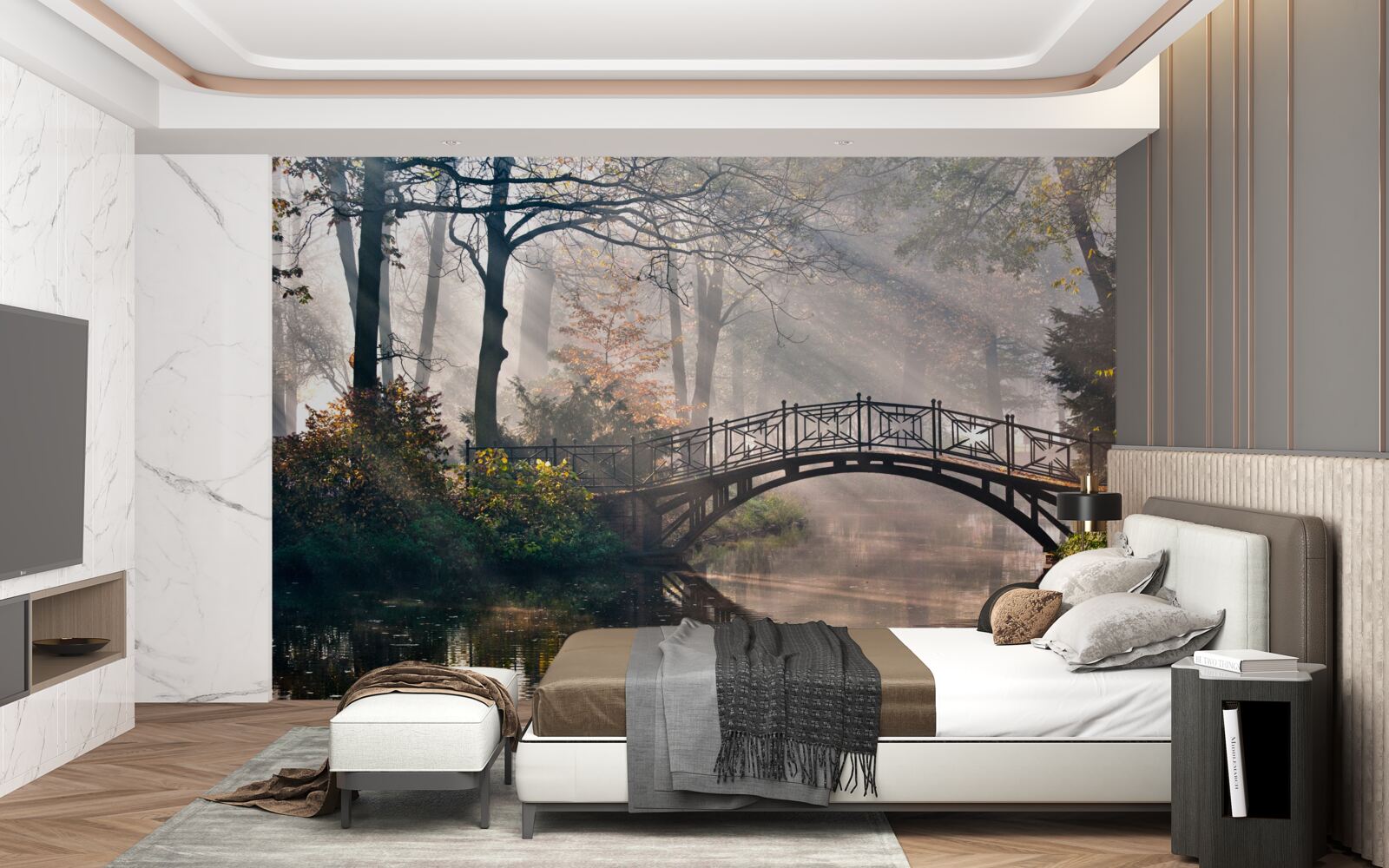 Fototapet podul din pădurea cețoasă care traversează lacul este realizat din lemn