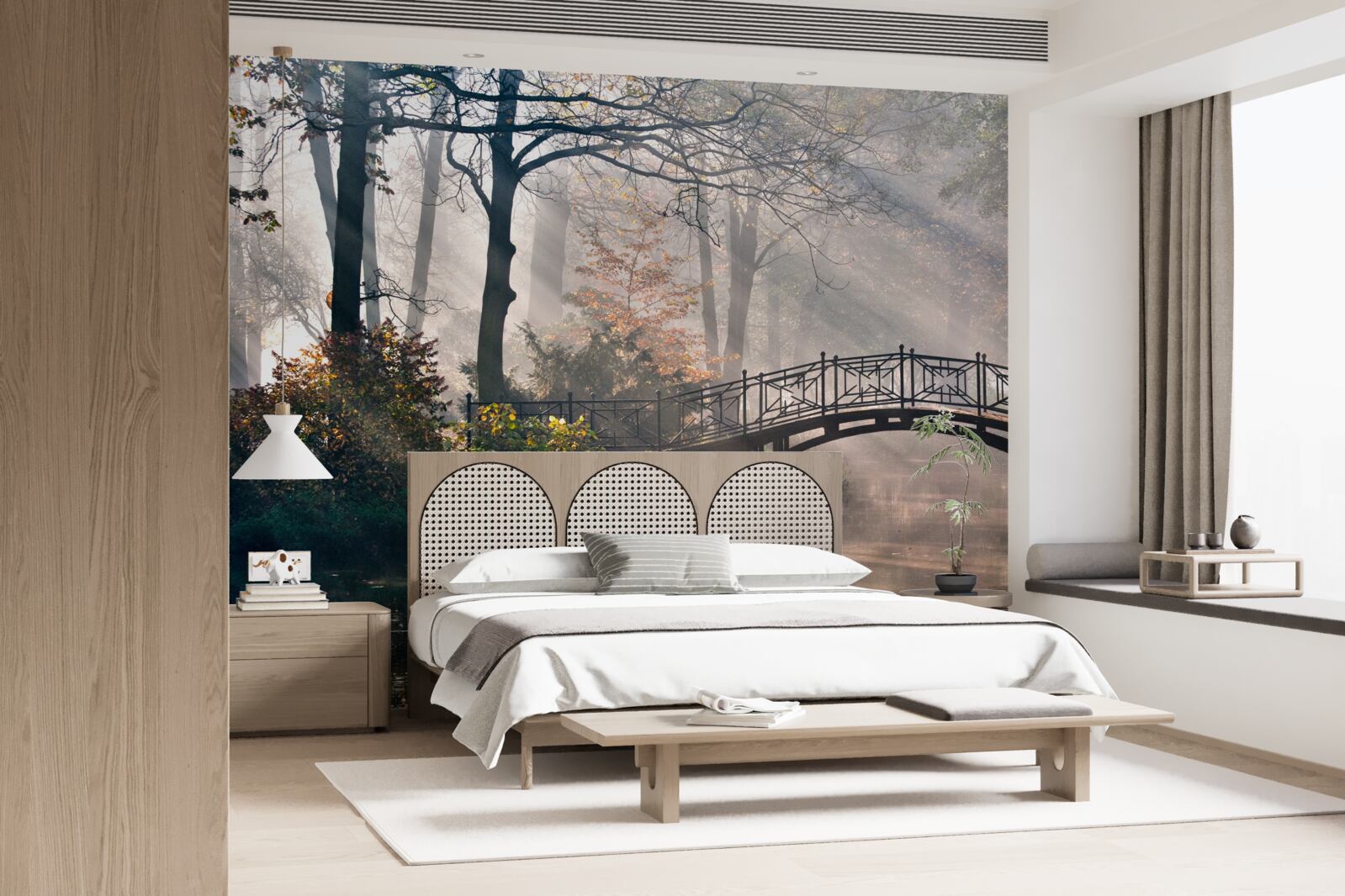 Fototapet podul din pădurea cețoasă care traversează lacul este realizat din lemn