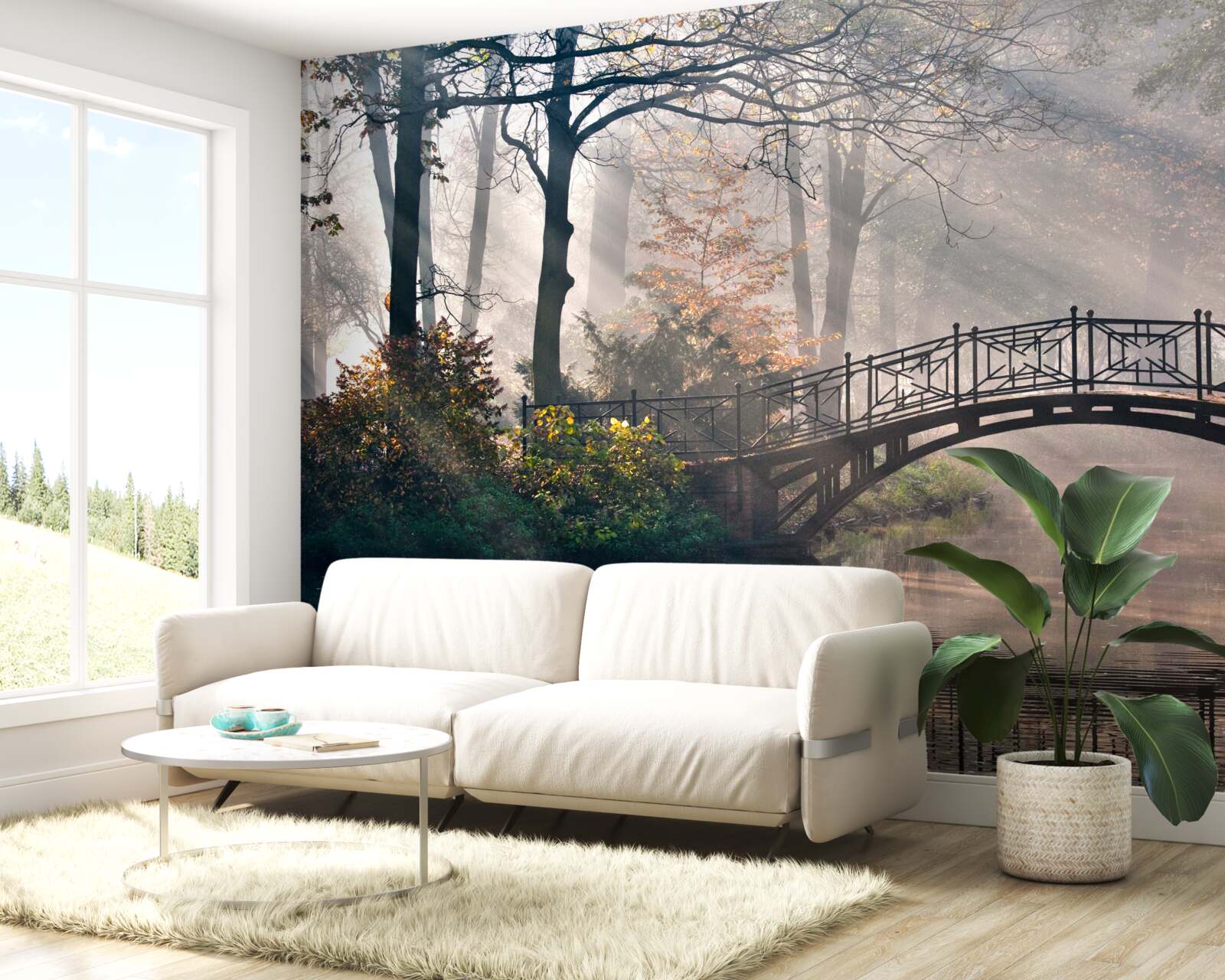 Fototapet podul din pădurea cețoasă care traversează lacul este realizat din lemn