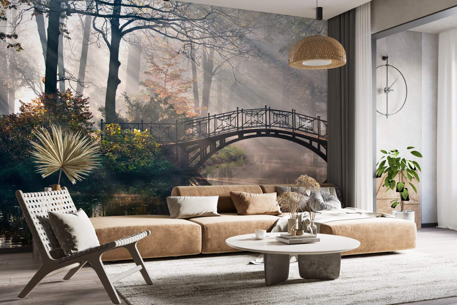 Fototapet podul din pădurea cețoasă care traversează lacul este realizat din lemn