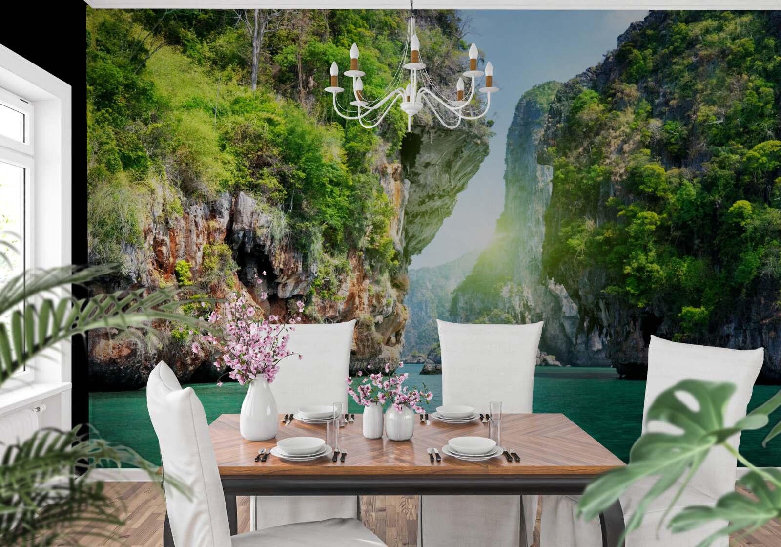 Fototapet stânci pictate în nuanțe de smarald se ridică deasupra apelor mării