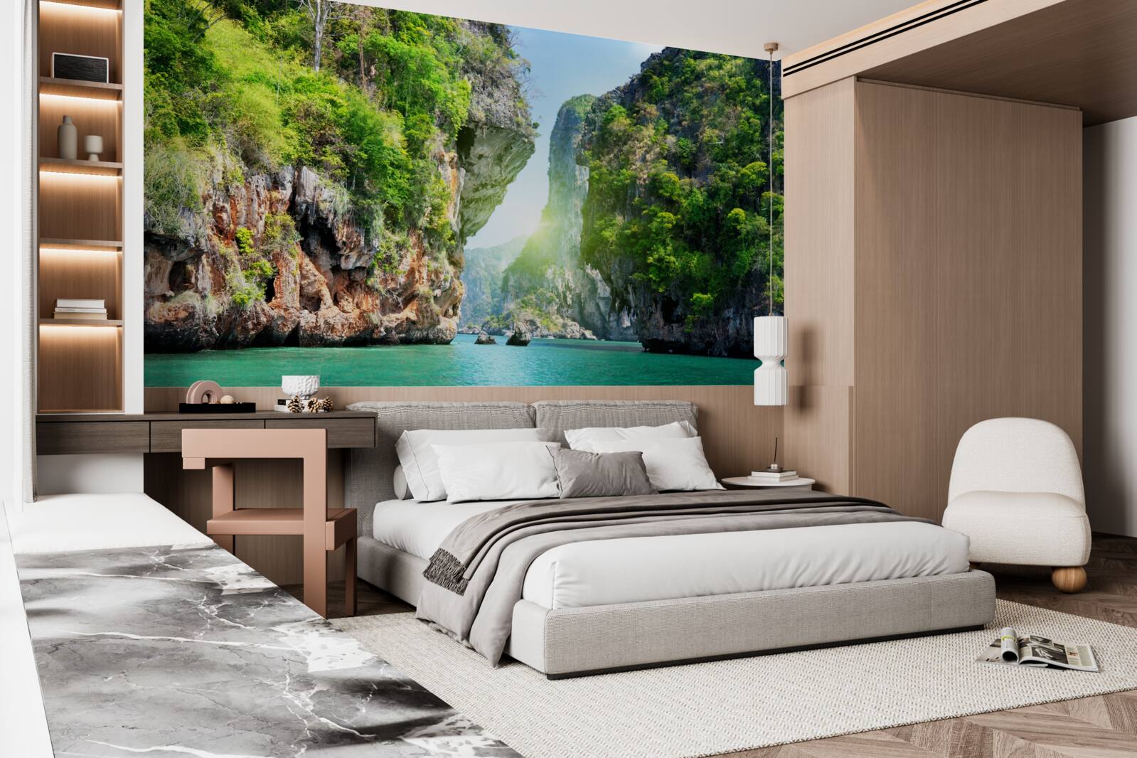 Fototapet stânci pictate în nuanțe de smarald se ridică deasupra apelor mării