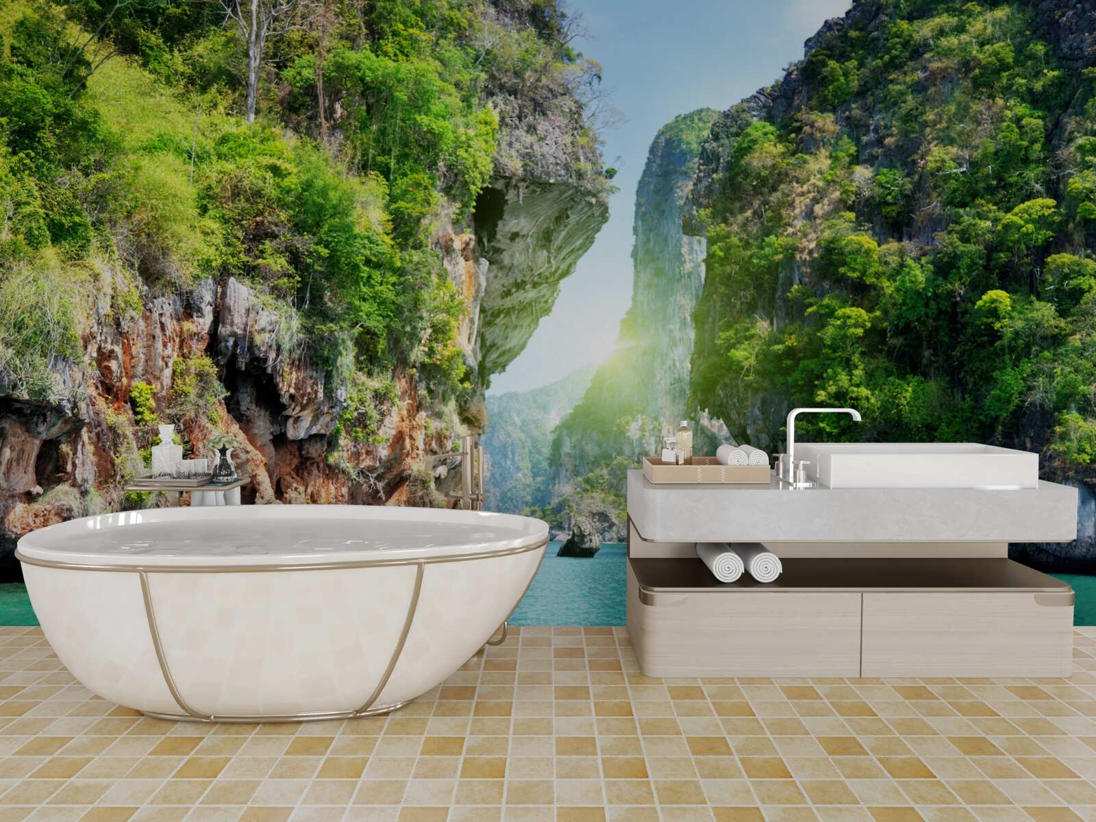 Fototapet stânci pictate în nuanțe de smarald se ridică deasupra apelor mării