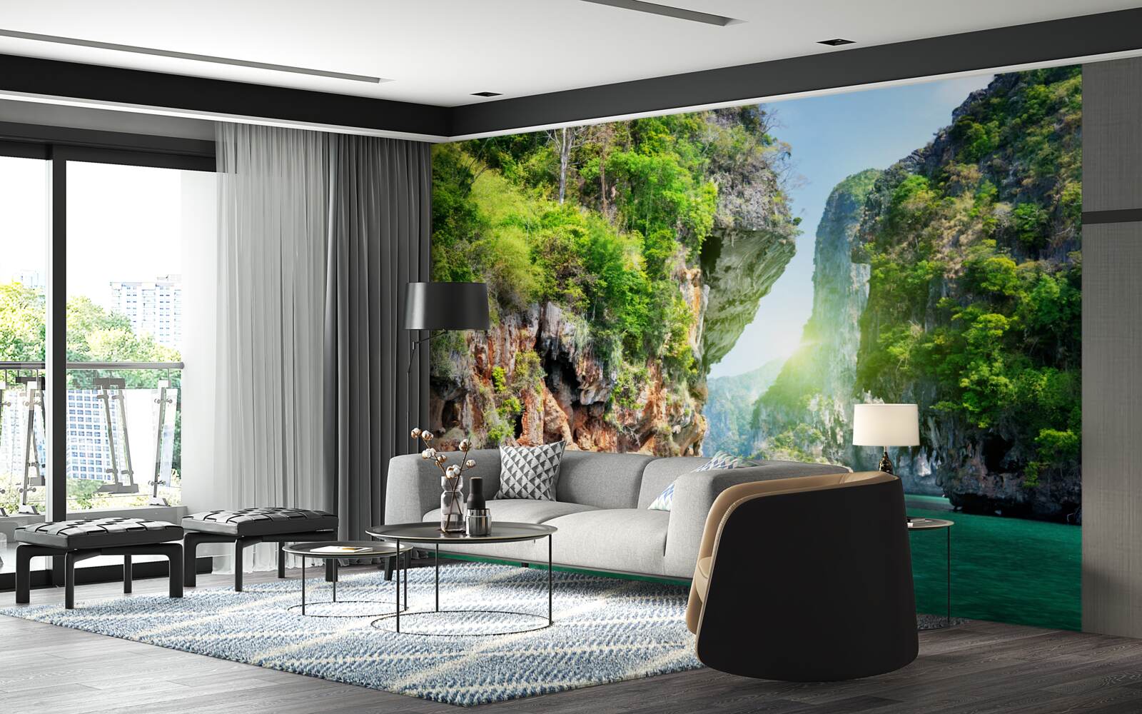 Fototapet stânci pictate în nuanțe de smarald se ridică deasupra apelor mării