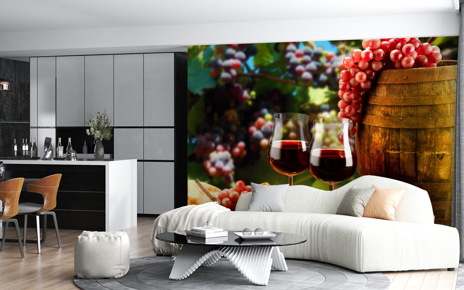 Fototapet ciorchinii de struguri formează fundalul pentru paharele de vin umplute cu vin