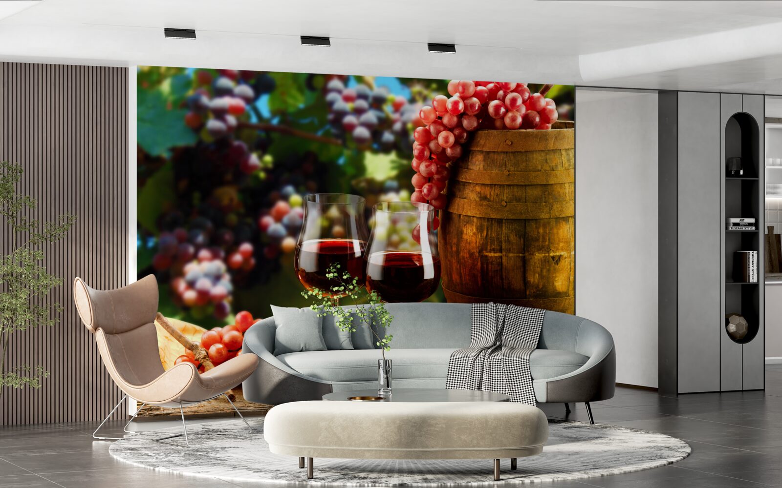 Fototapet ciorchinii de struguri formează fundalul pentru paharele de vin umplute cu vin