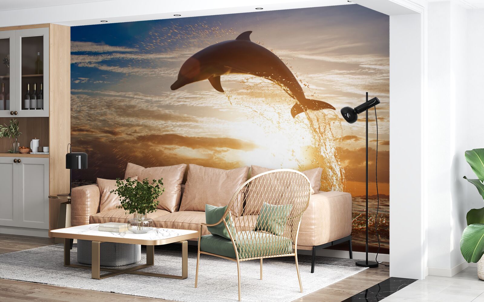 Fototapet delfinul sare pe fundalul apusului de seară