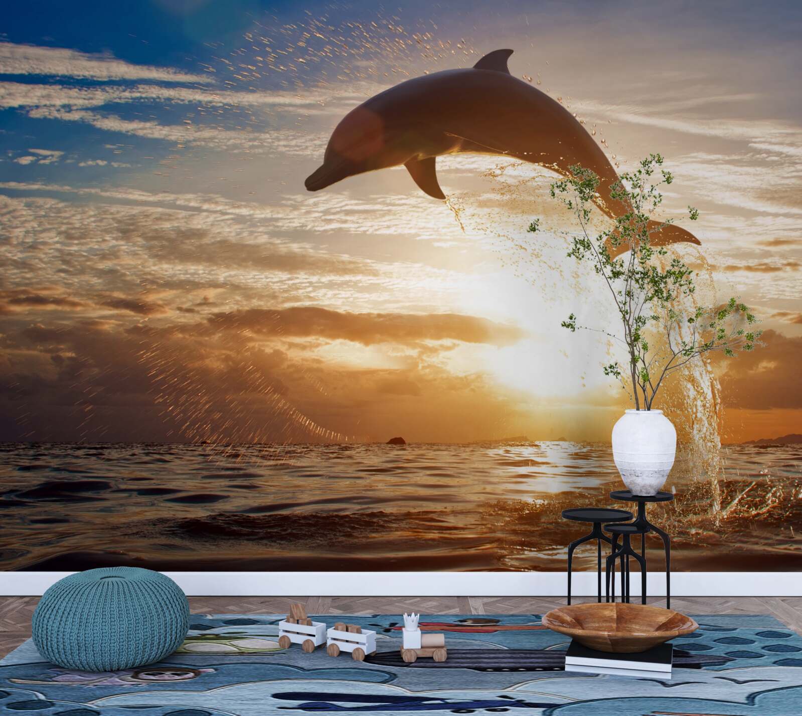 Fototapet delfinul sare pe fundalul apusului de seară