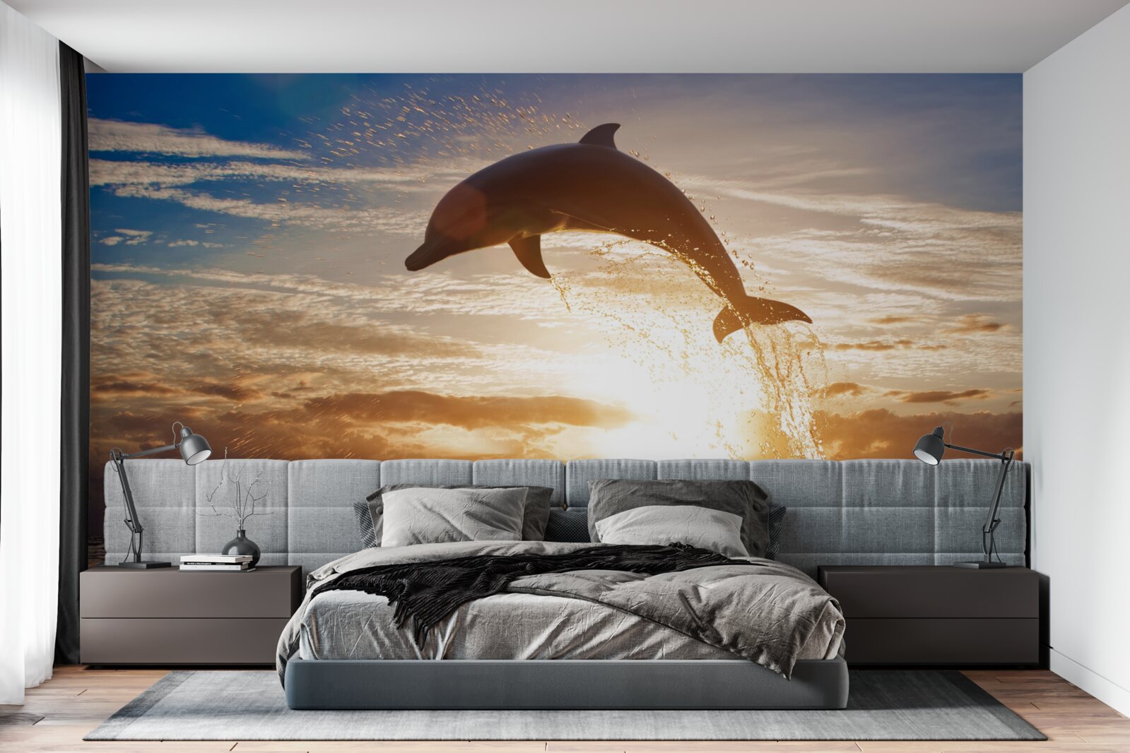 Fototapet delfinul sare pe fundalul apusului de seară