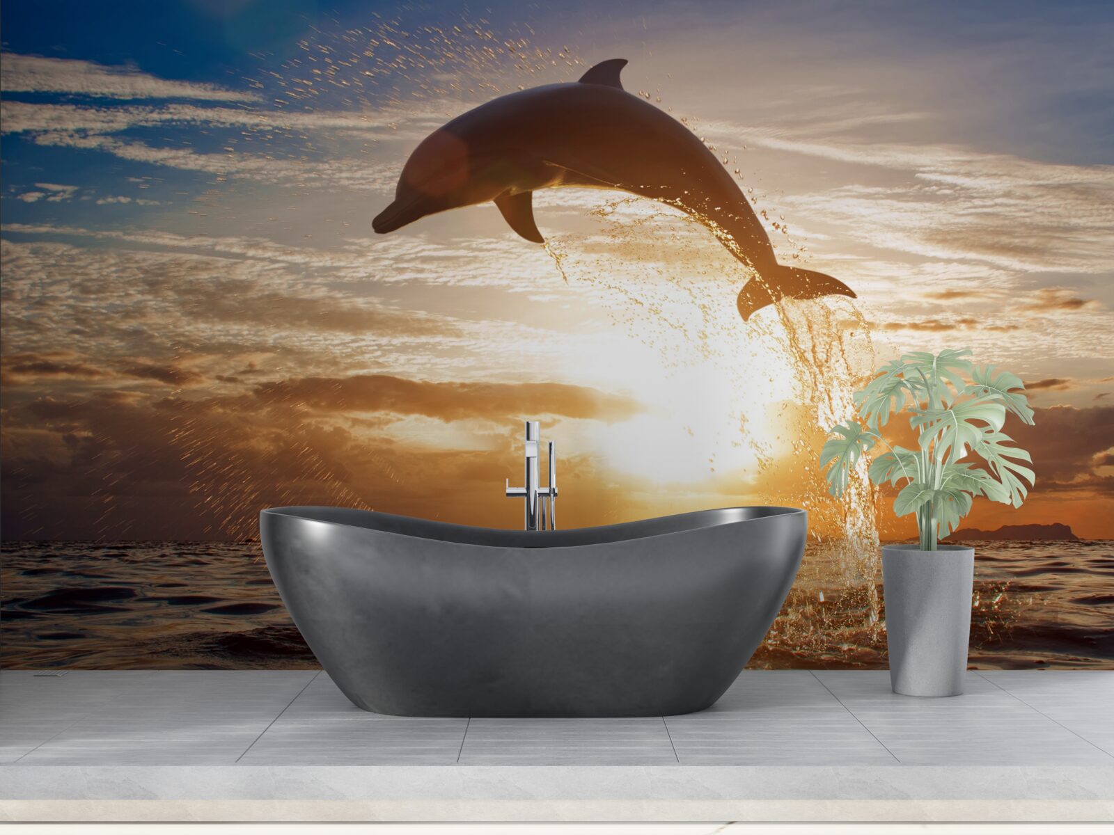 Fototapet delfinul sare pe fundalul apusului de seară