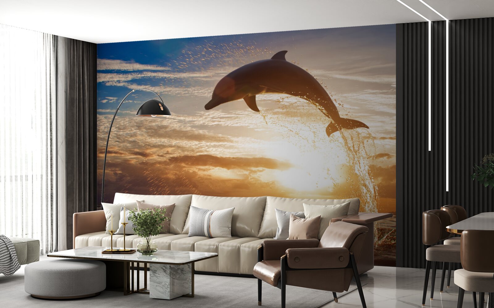 Fototapet delfinul sare pe fundalul apusului de seară