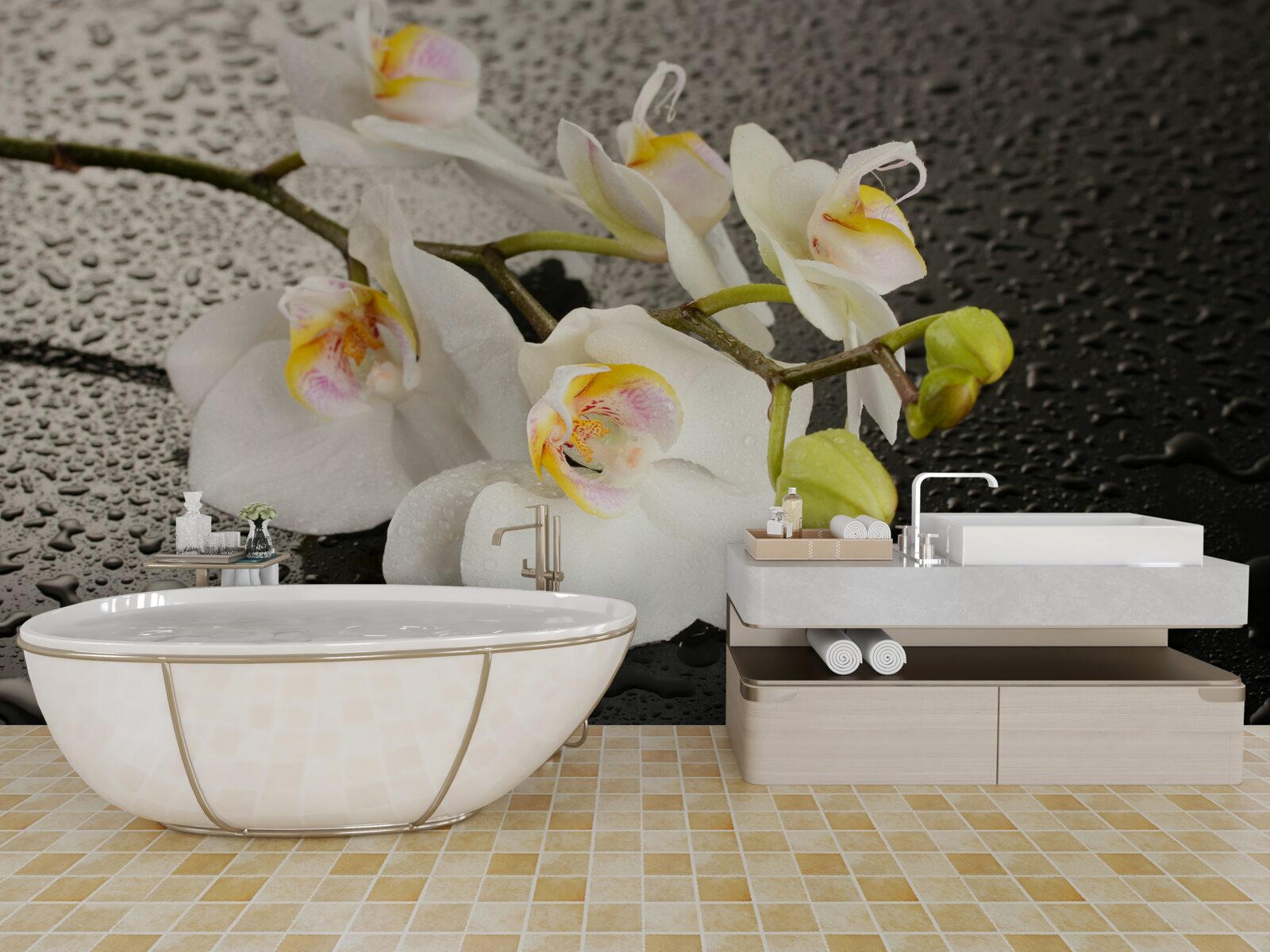 Fototapet Orhidee albă ca zăpada după o ploaie puternică