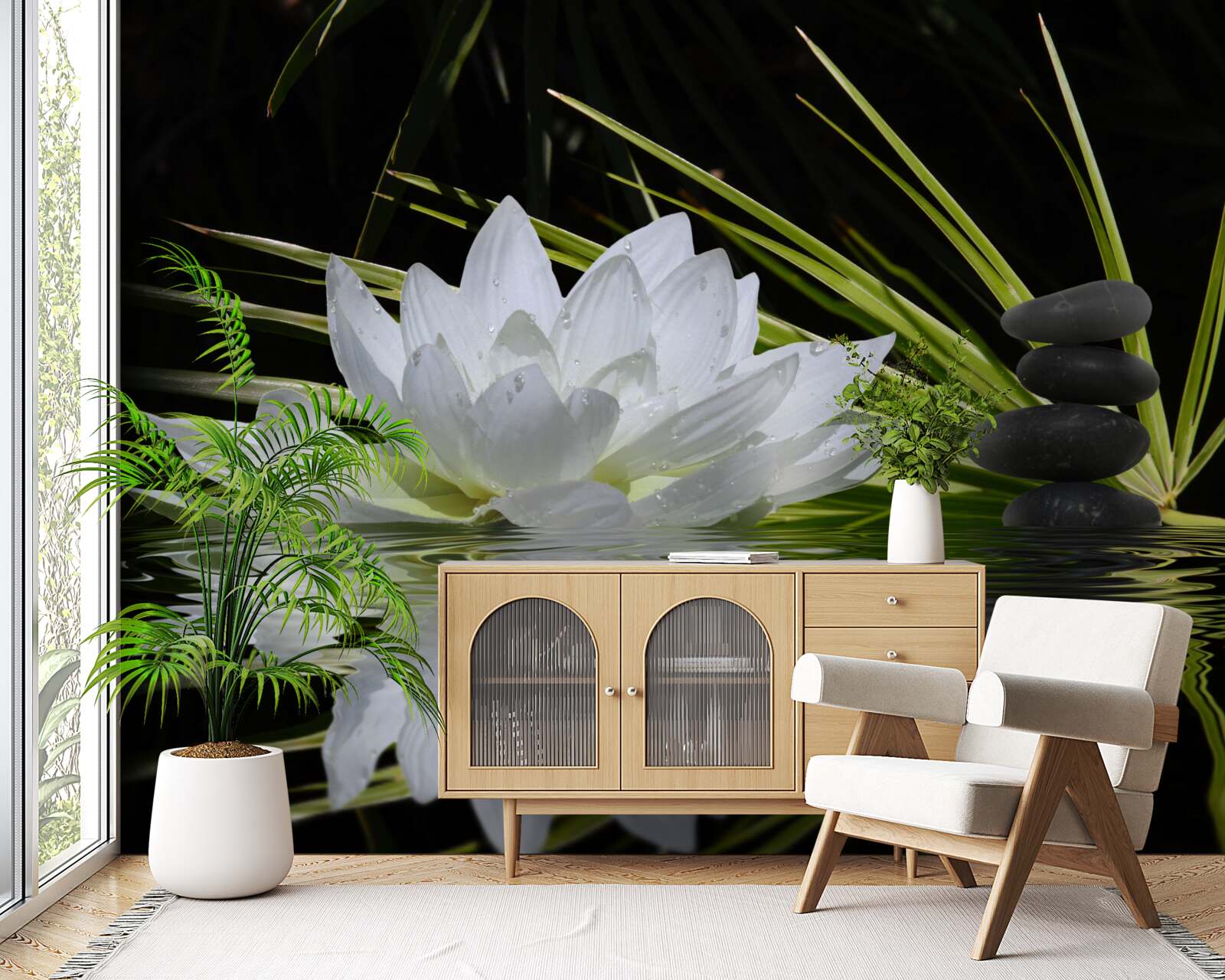 Fototapet pietre gri și nuferi albi plutesc pe suprafața apei