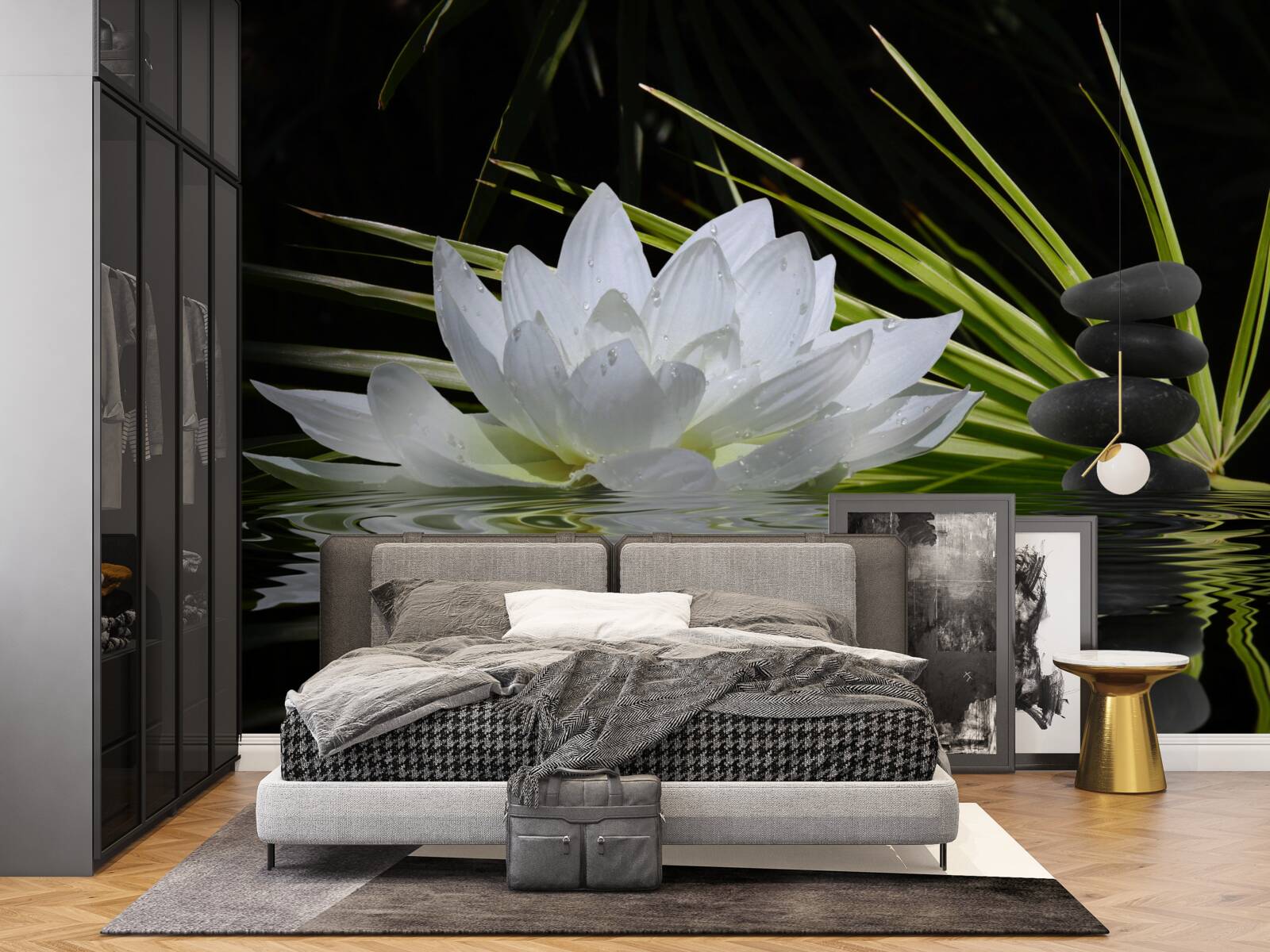 Fototapet pietre gri și nuferi albi plutesc pe suprafața apei