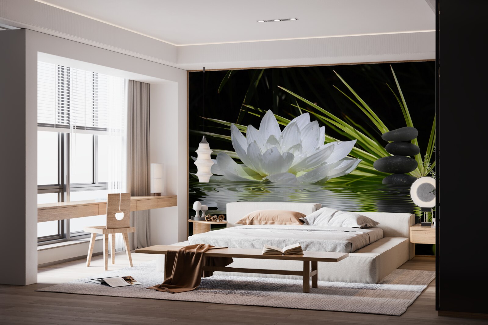 Fototapet pietre gri și nuferi albi plutesc pe suprafața apei