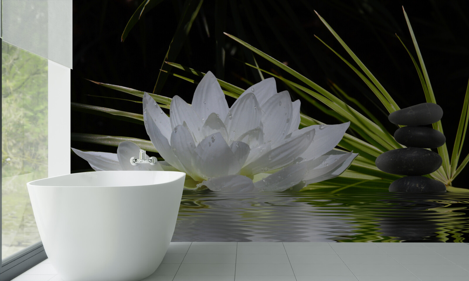 Fototapet pietre gri și nuferi albi plutesc pe suprafața apei