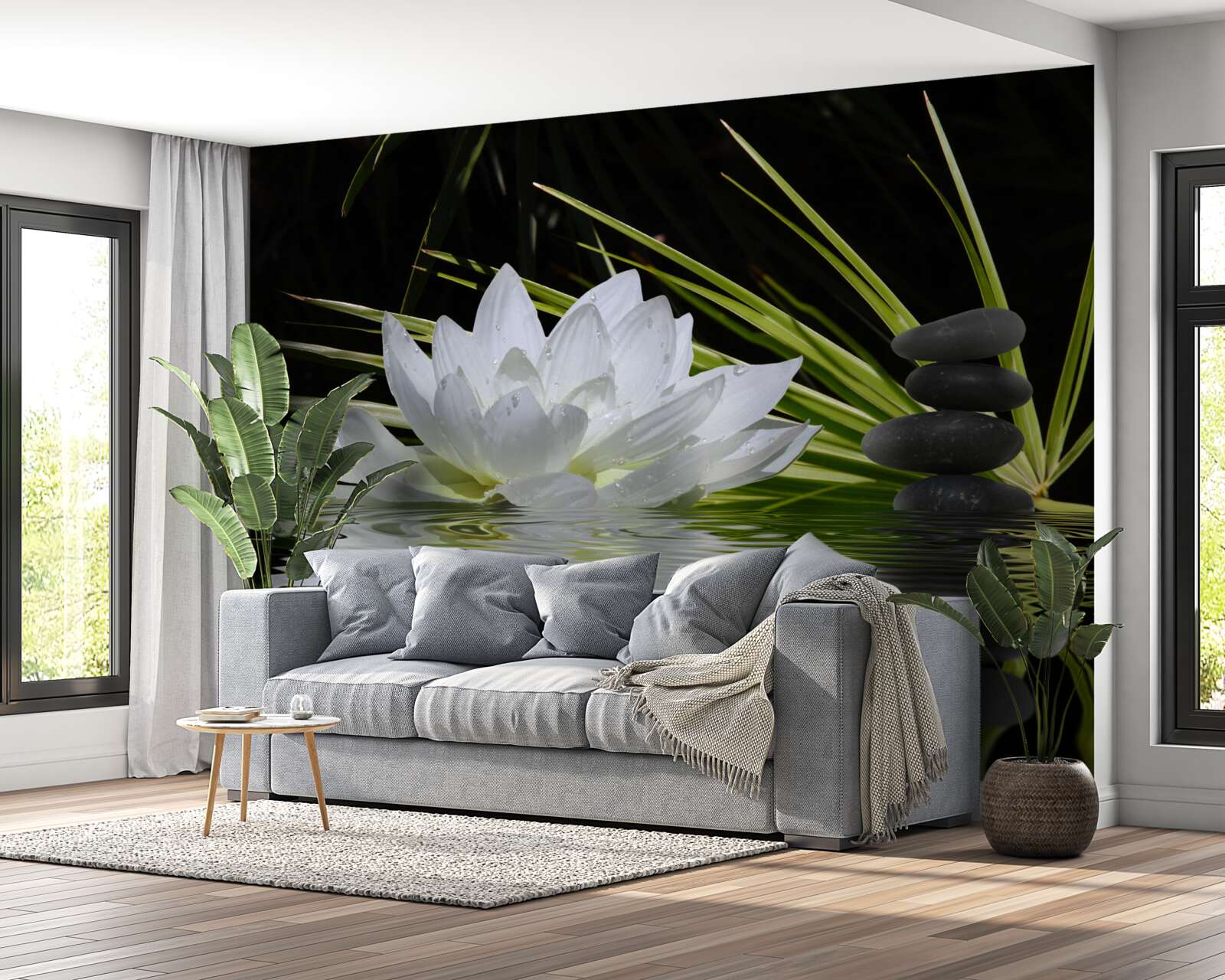 Fototapet pietre gri și nuferi albi plutesc pe suprafața apei