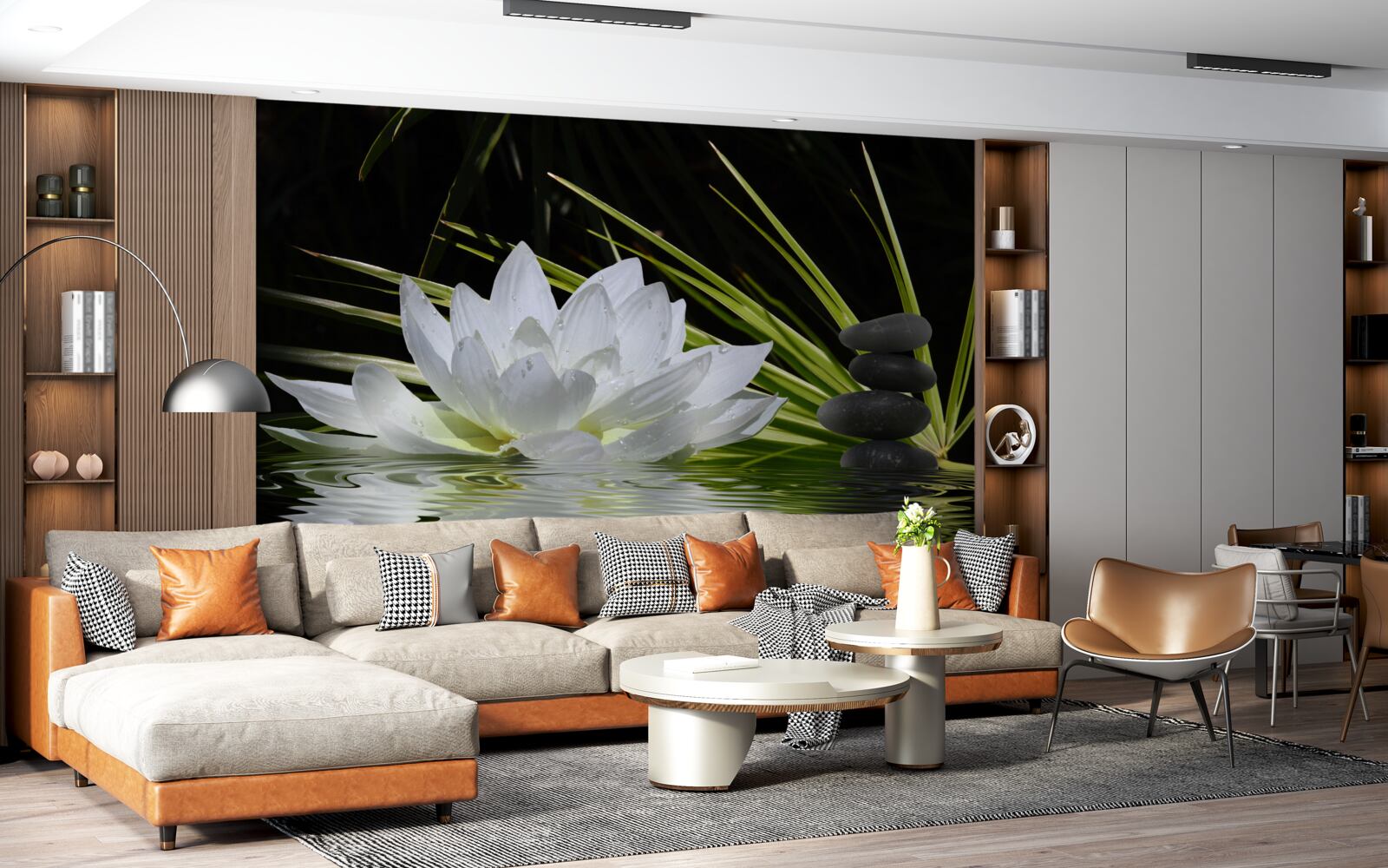 Fototapet pietre gri și nuferi albi plutesc pe suprafața apei