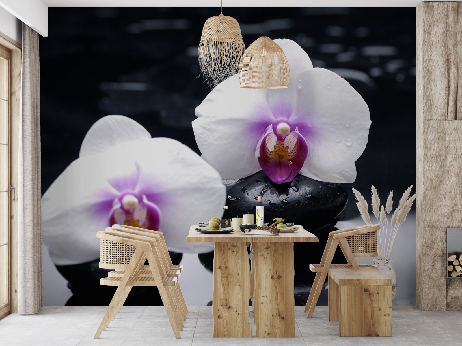 Fototapet Orhidee albă ca zăpada așezată pe blocuri negre