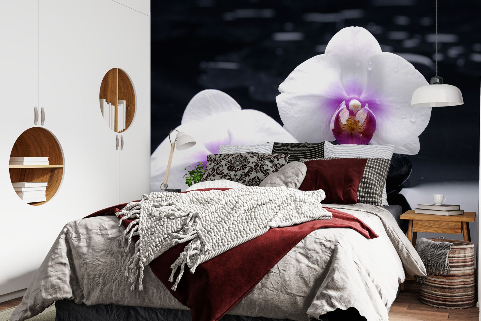 Fototapet Orhidee albă ca zăpada așezată pe blocuri negre