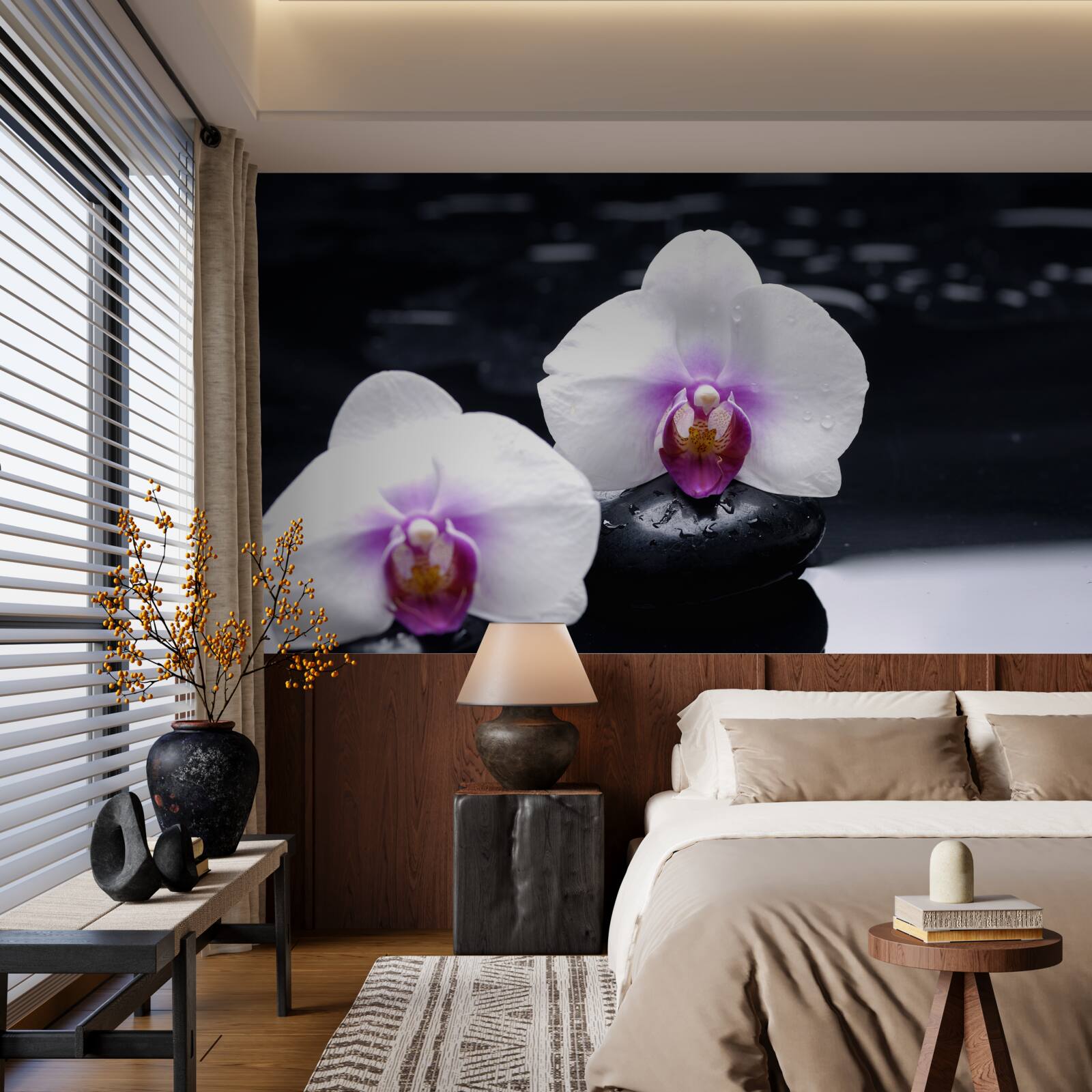 Fototapet Orhidee albă ca zăpada așezată pe blocuri negre