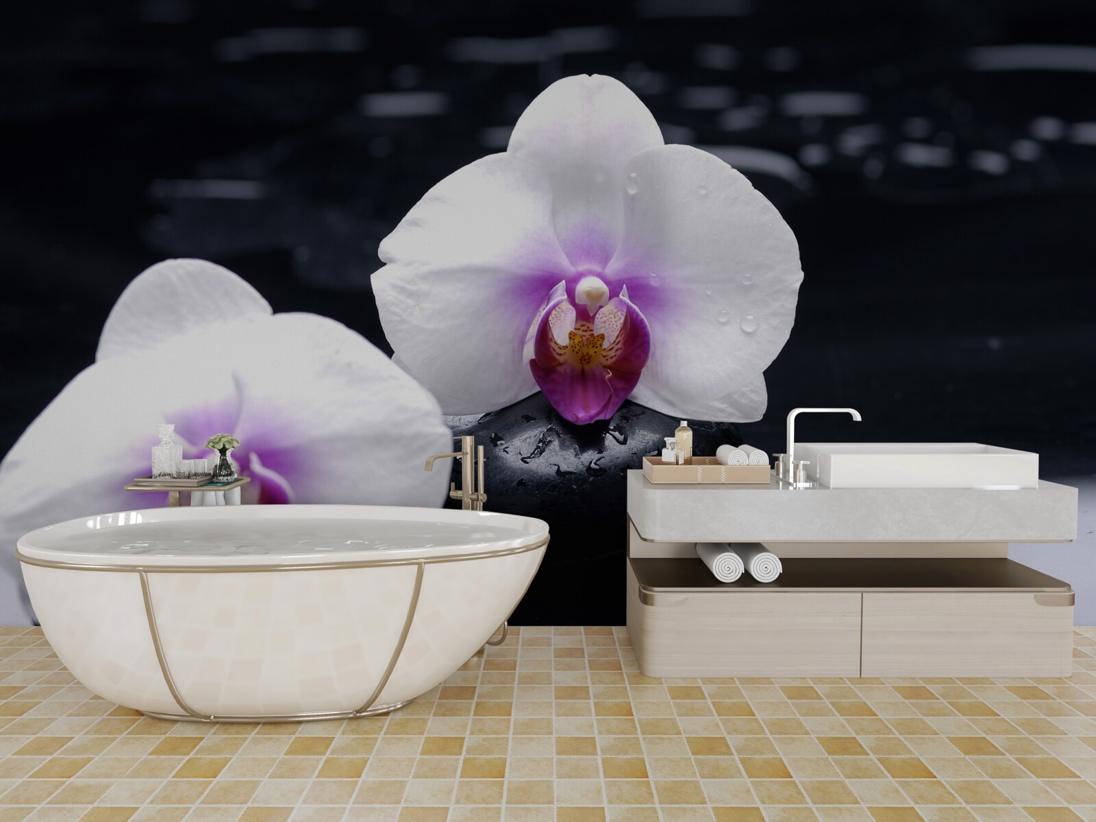 Fototapet Orhidee albă ca zăpada așezată pe blocuri negre