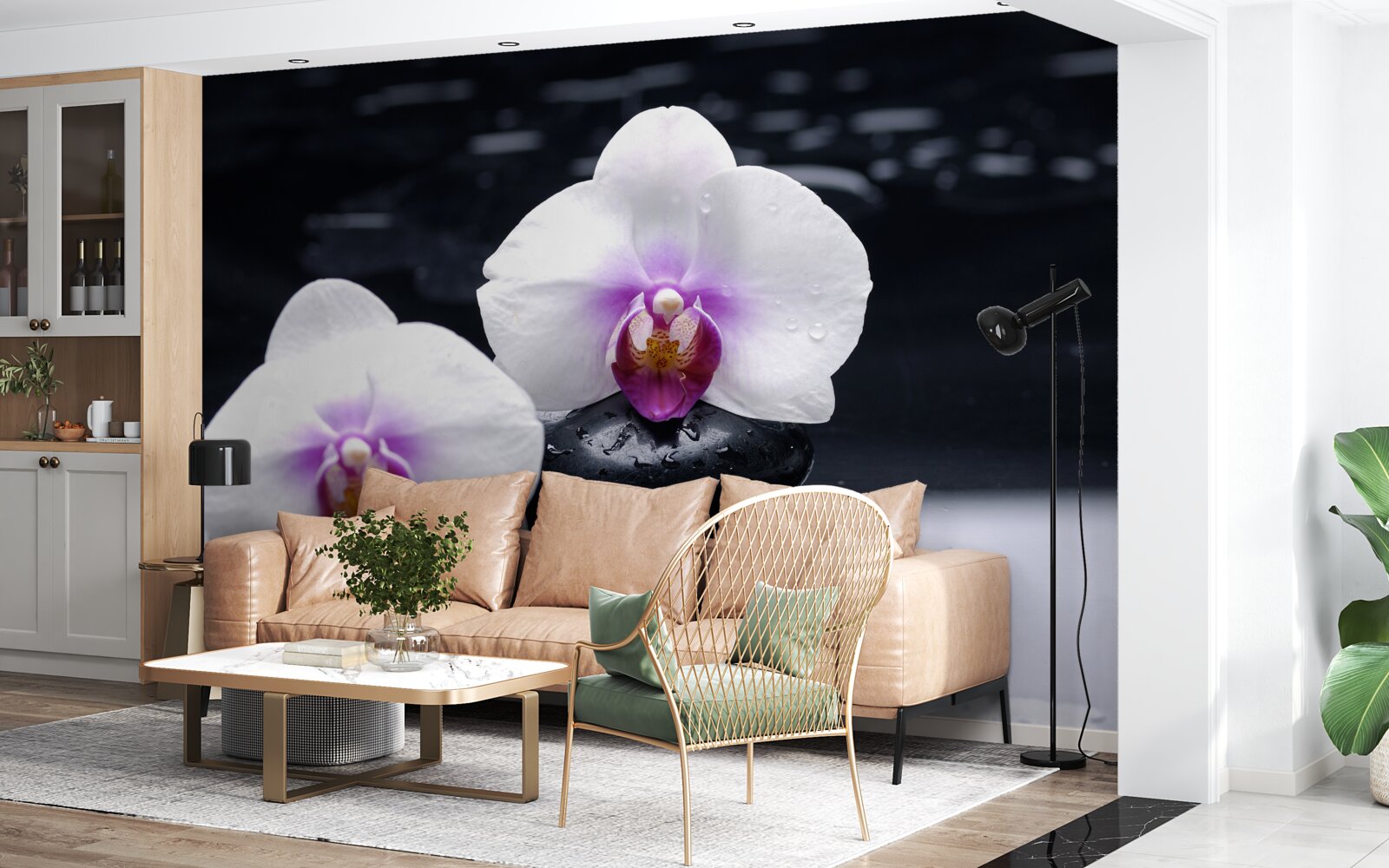 Fototapet Orhidee albă ca zăpada așezată pe blocuri negre