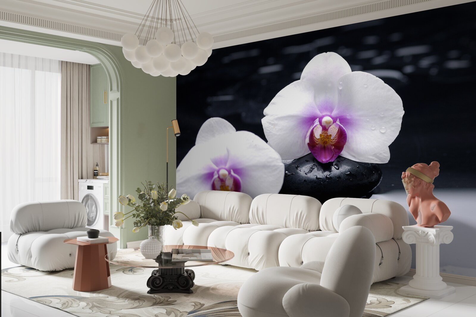 Fototapet Orhidee albă ca zăpada așezată pe blocuri negre