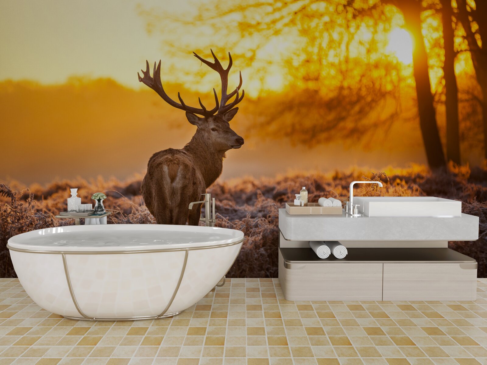 Fototapet o căprioară elegantă însoțește zorii pe un câmp vast