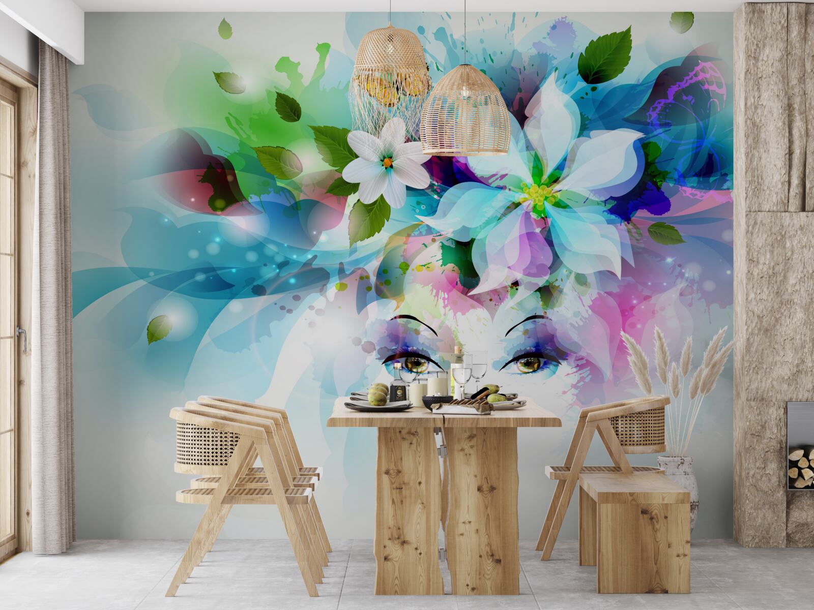 Fototapet fată cu flori în păr, reprezentând abstracție