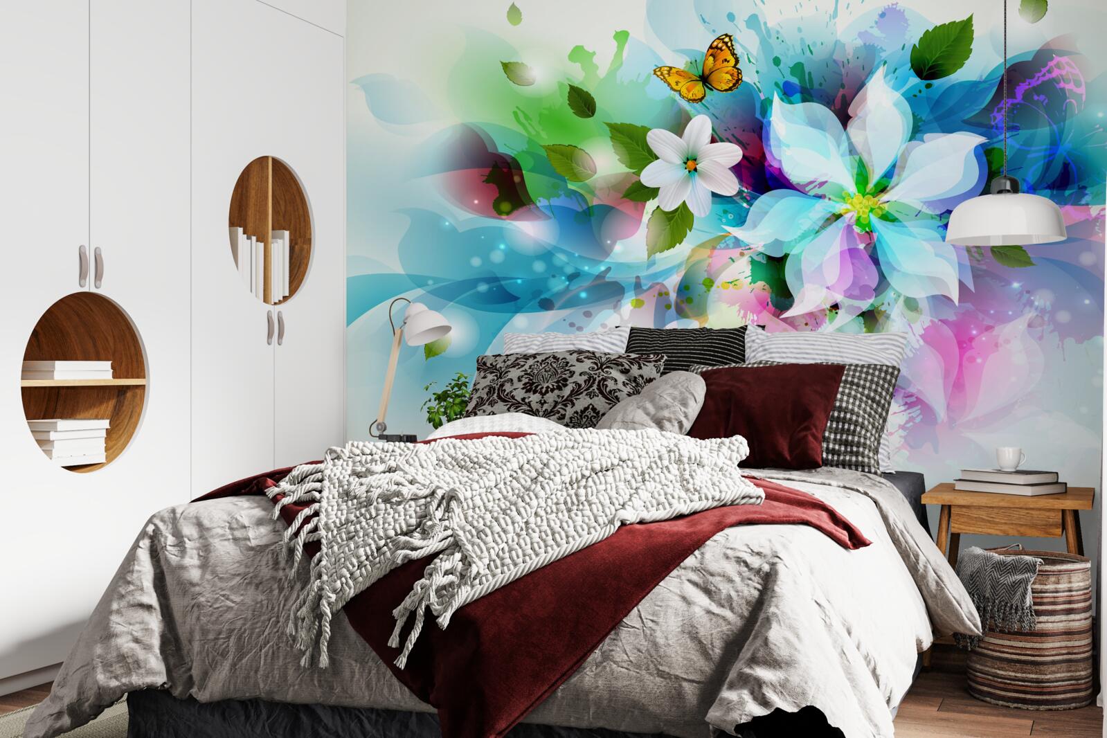 Fototapet fată cu flori în păr, reprezentând abstracție