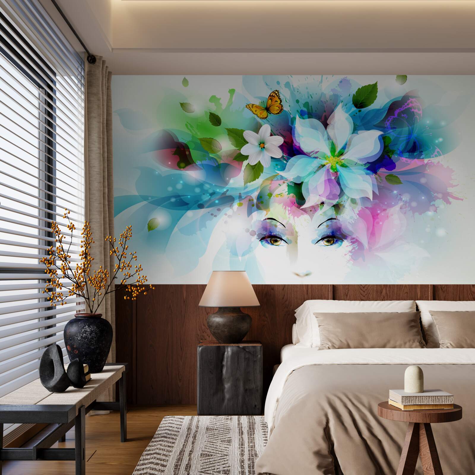 Fototapet fată cu flori în păr, reprezentând abstracție