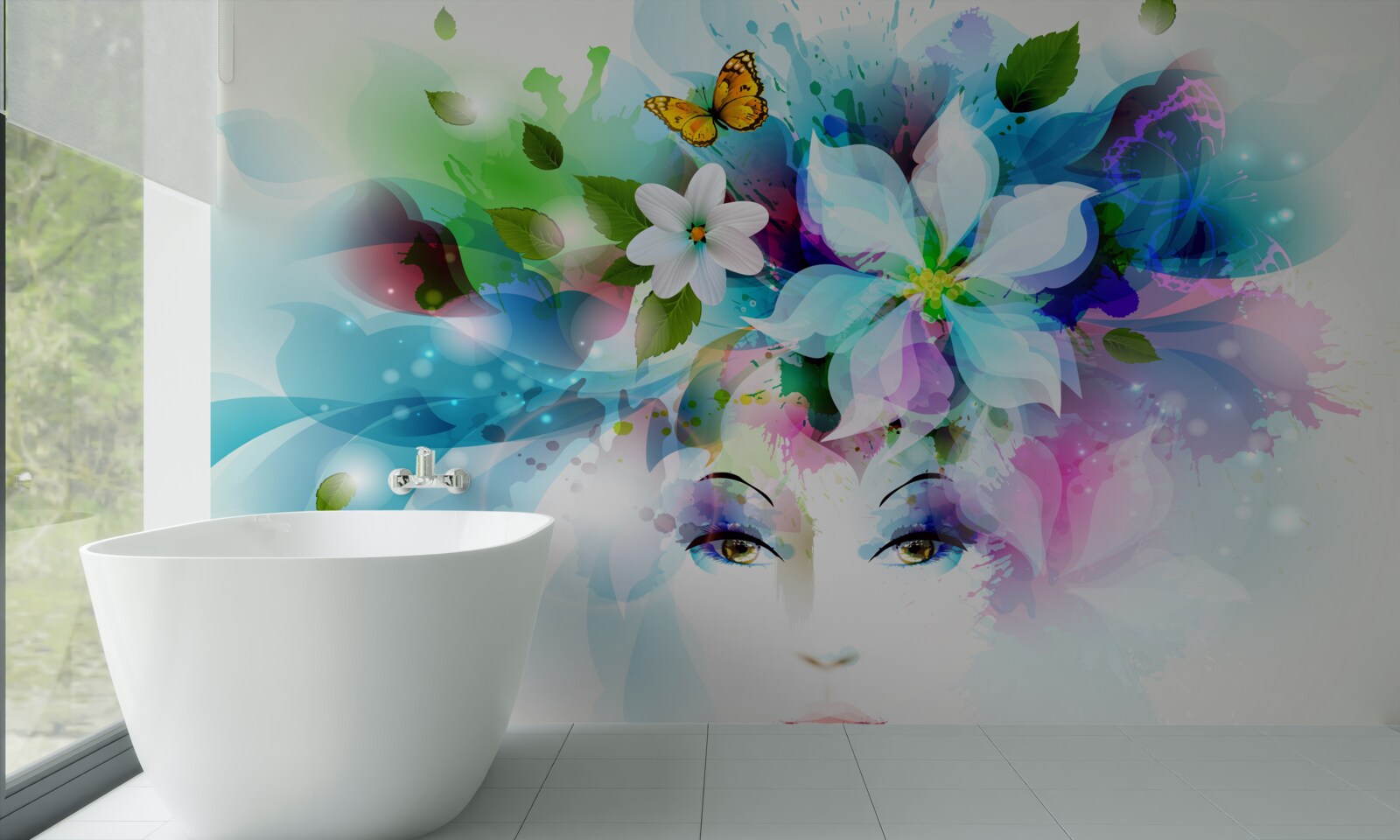 Fototapet fată cu flori în păr, reprezentând abstracție