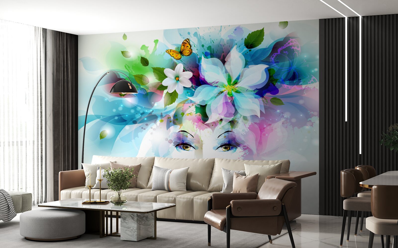 Fototapet fată cu flori în păr, reprezentând abstracție