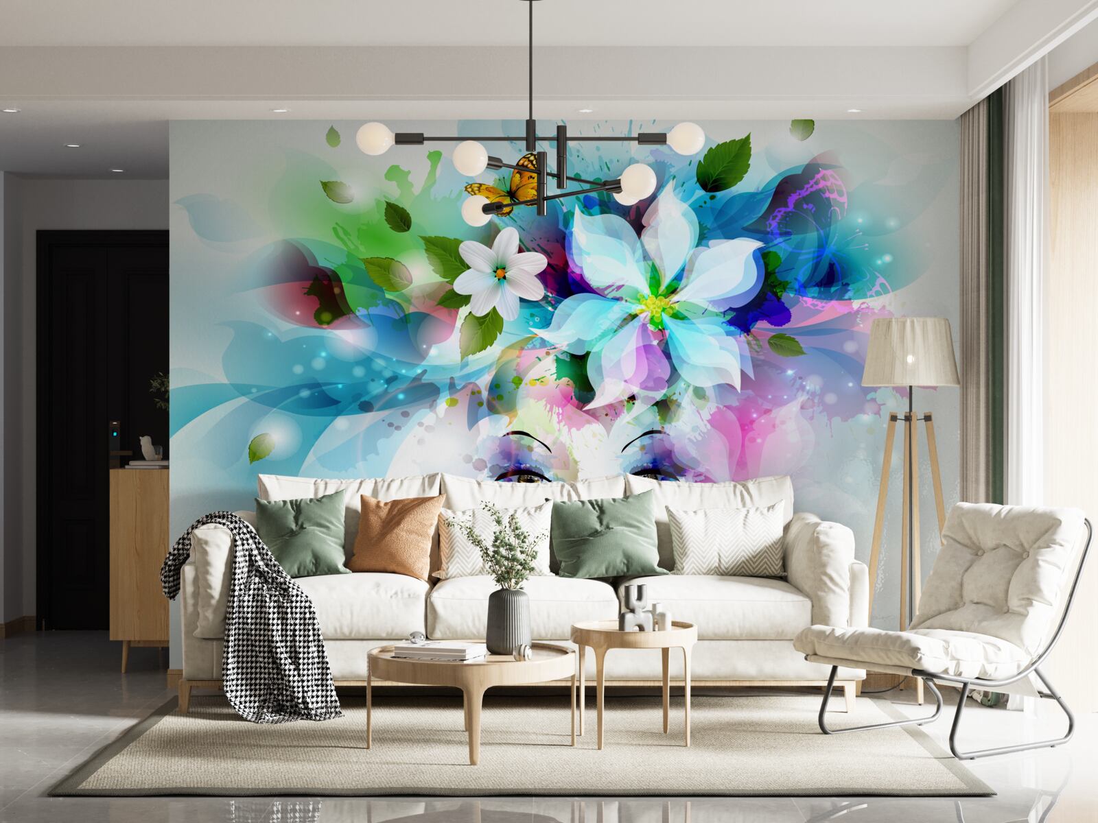 Fototapet fată cu flori în păr, reprezentând abstracție