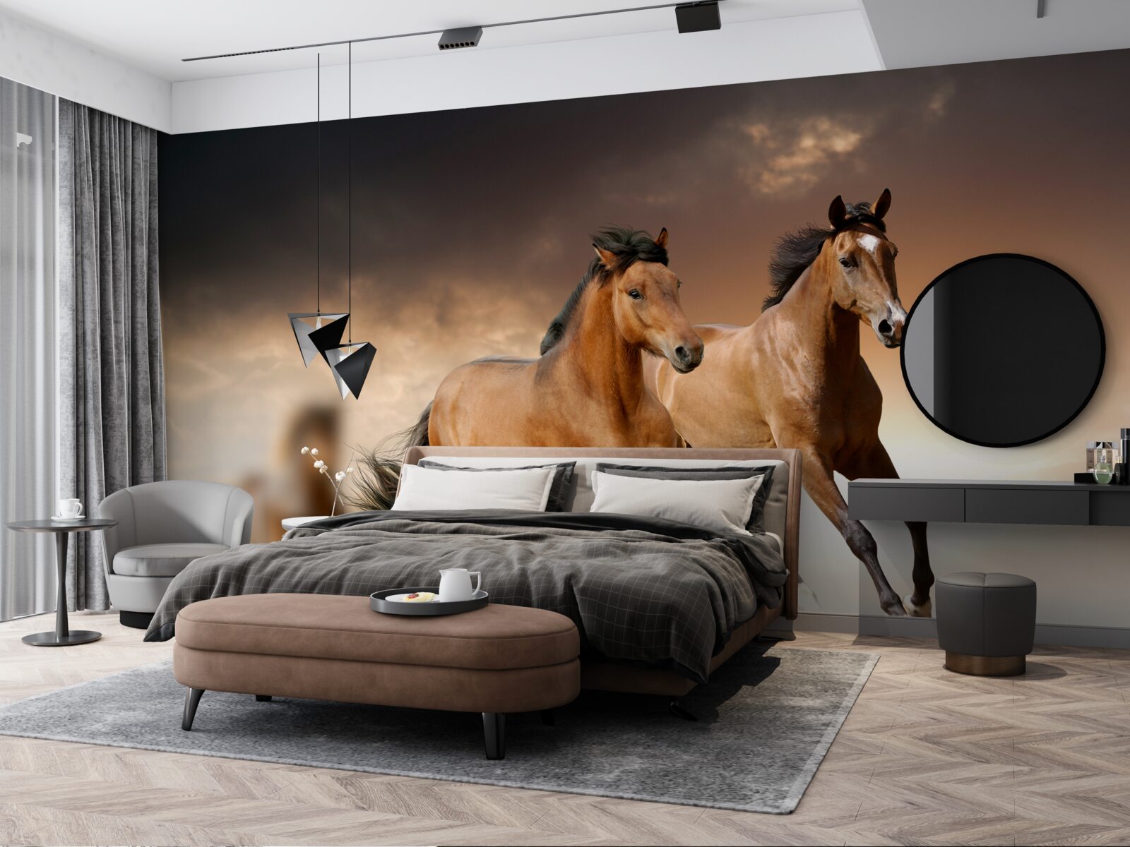 Fototapet doi cai maro trec unul pe lângă celălalt