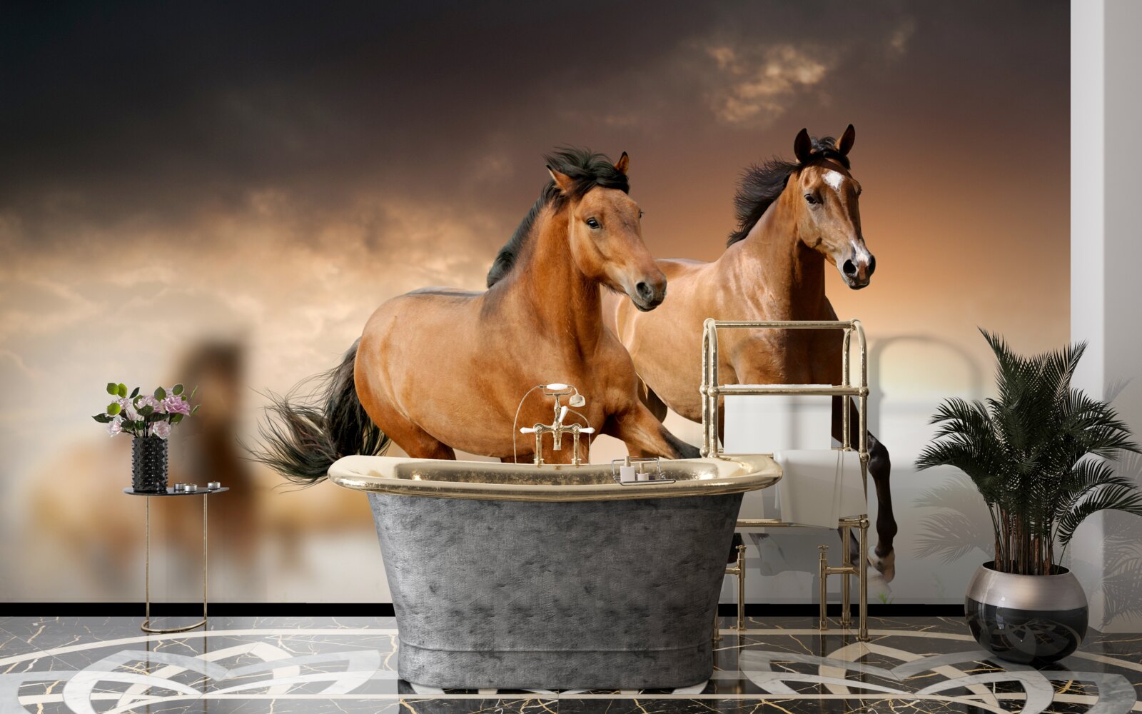 Fototapet doi cai maro trec unul pe lângă celălalt