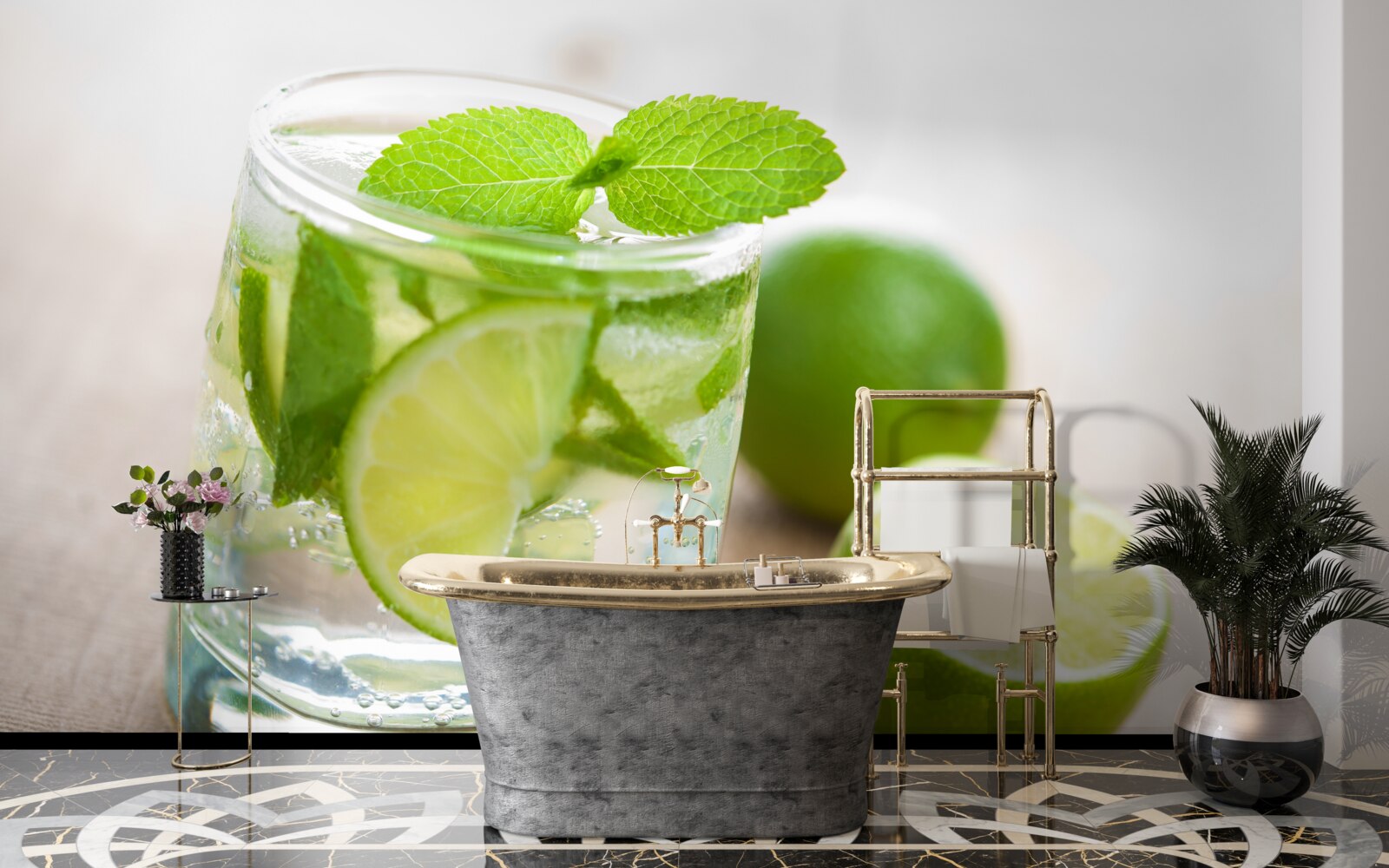 Fototapet pahar de apă cu lime și mentă