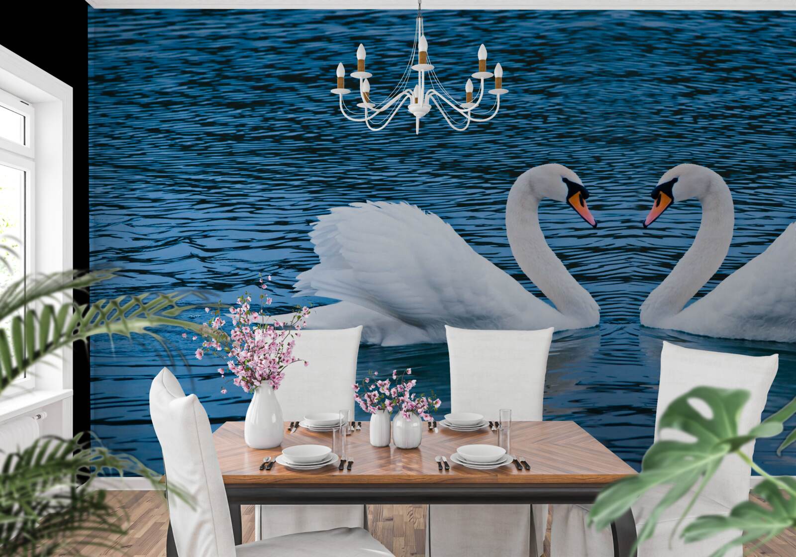 Fototapet o pereche de lebede pe suprafața apei creează o imagine de familie idilică