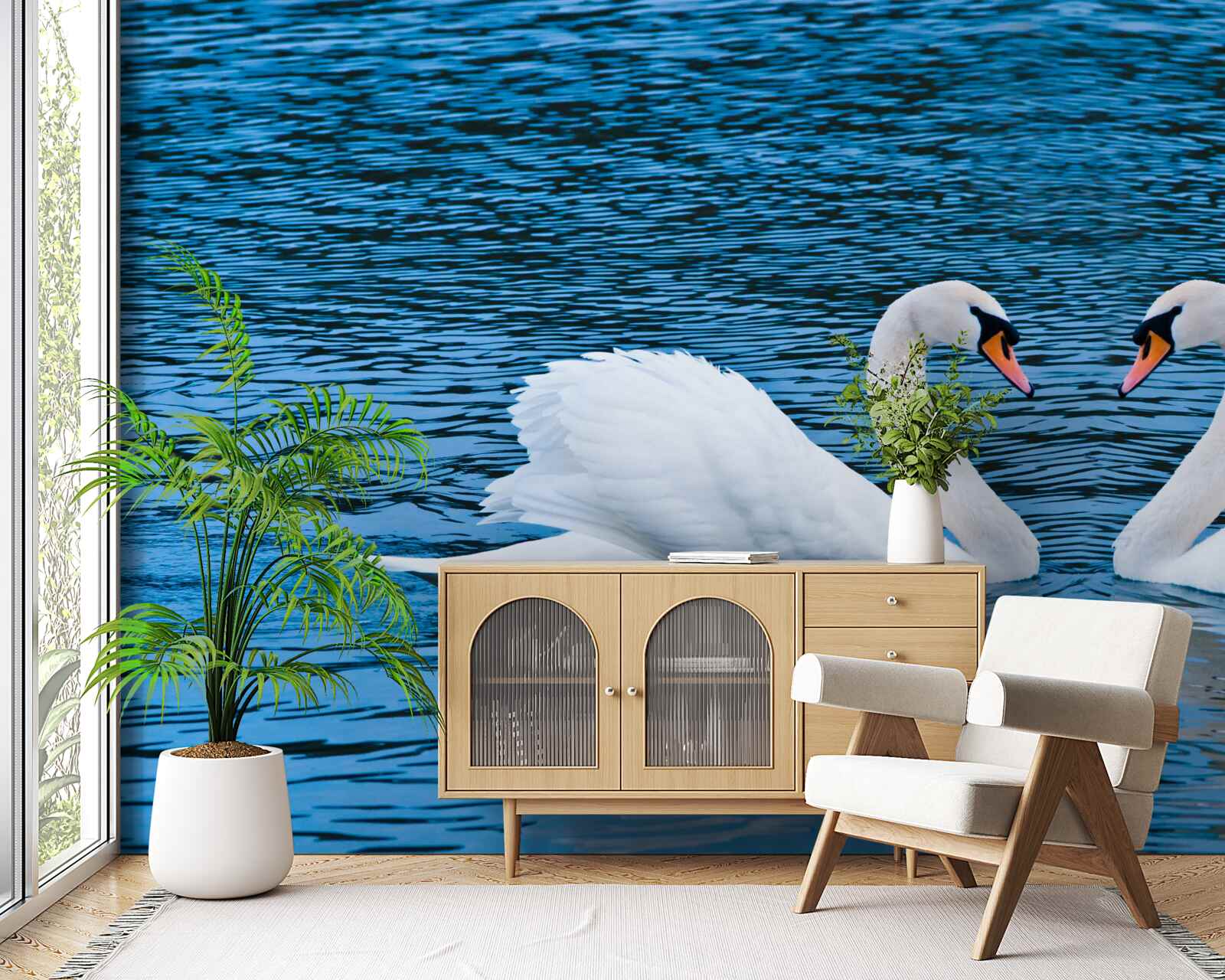 Fototapet o pereche de lebede pe suprafața apei creează o imagine de familie idilică