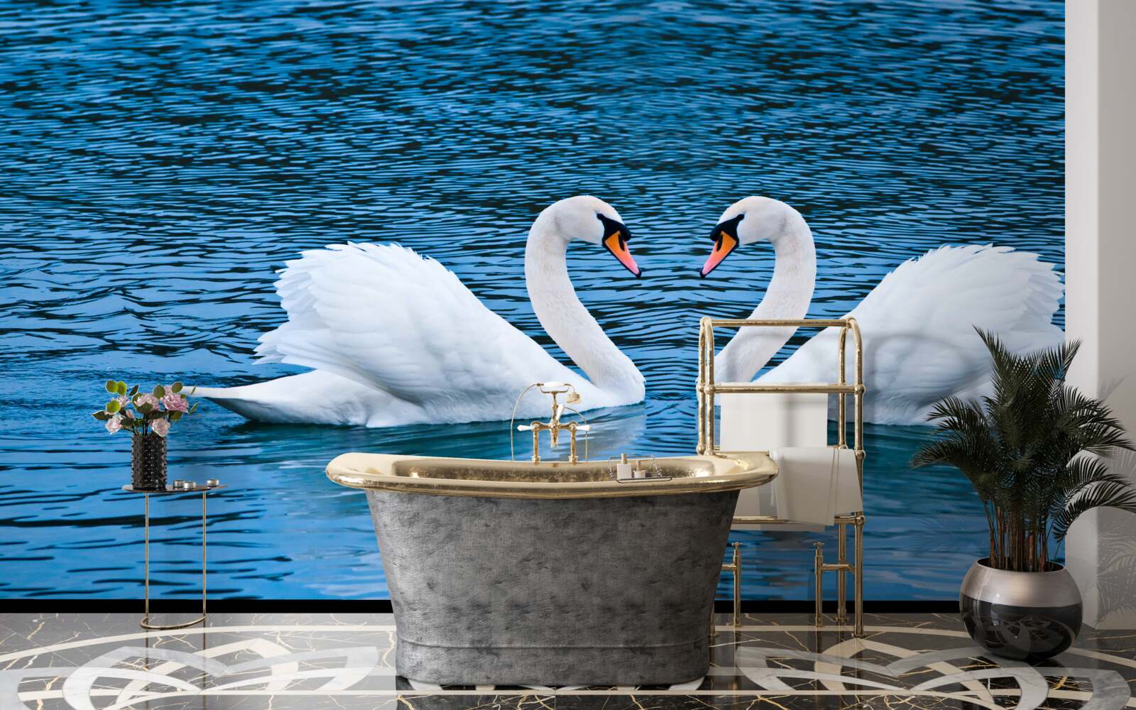 Fototapet o pereche de lebede pe suprafața apei creează o imagine de familie idilică