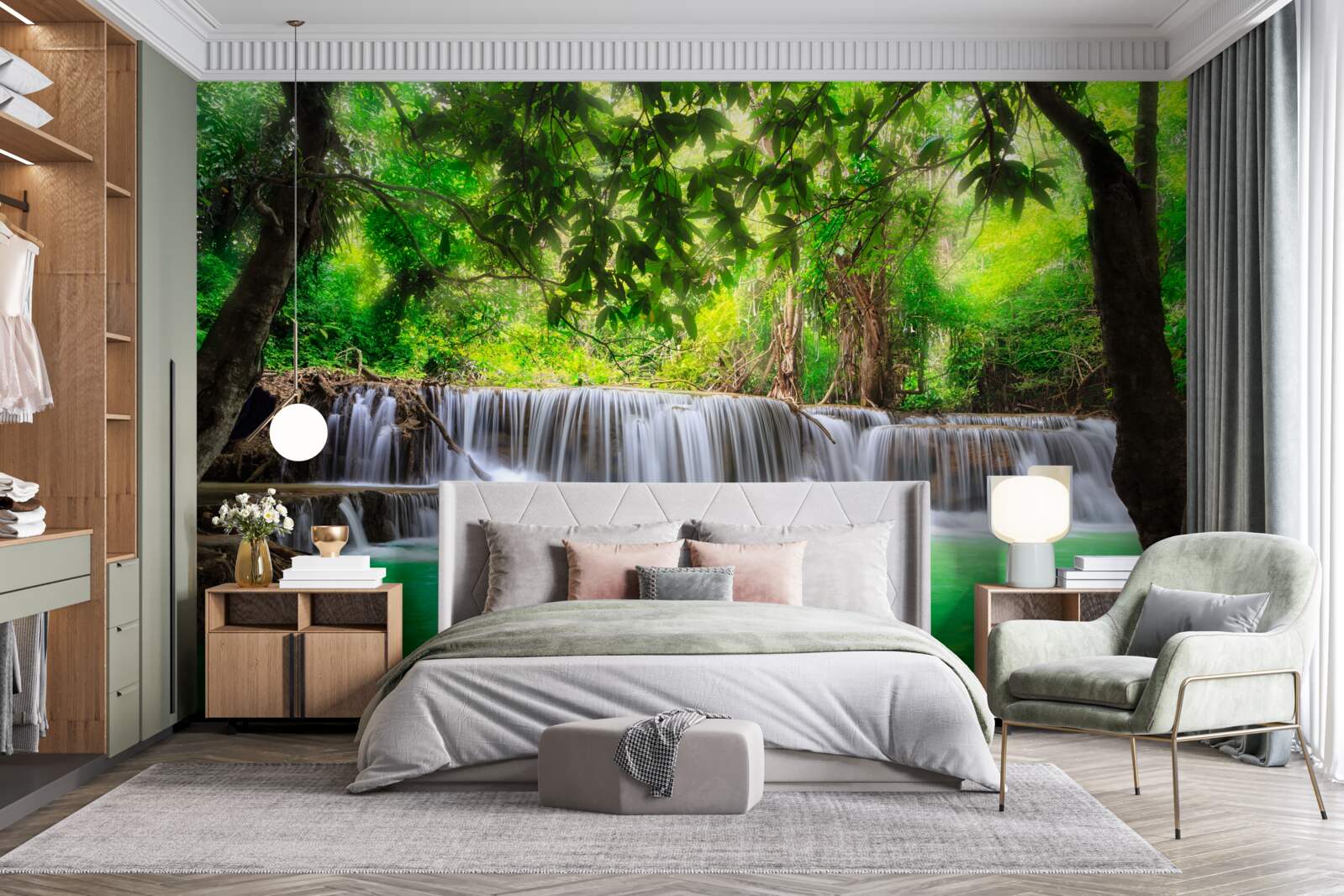 Fototapet cascada din pădure își hrănește apa cu culoarea smaraldului