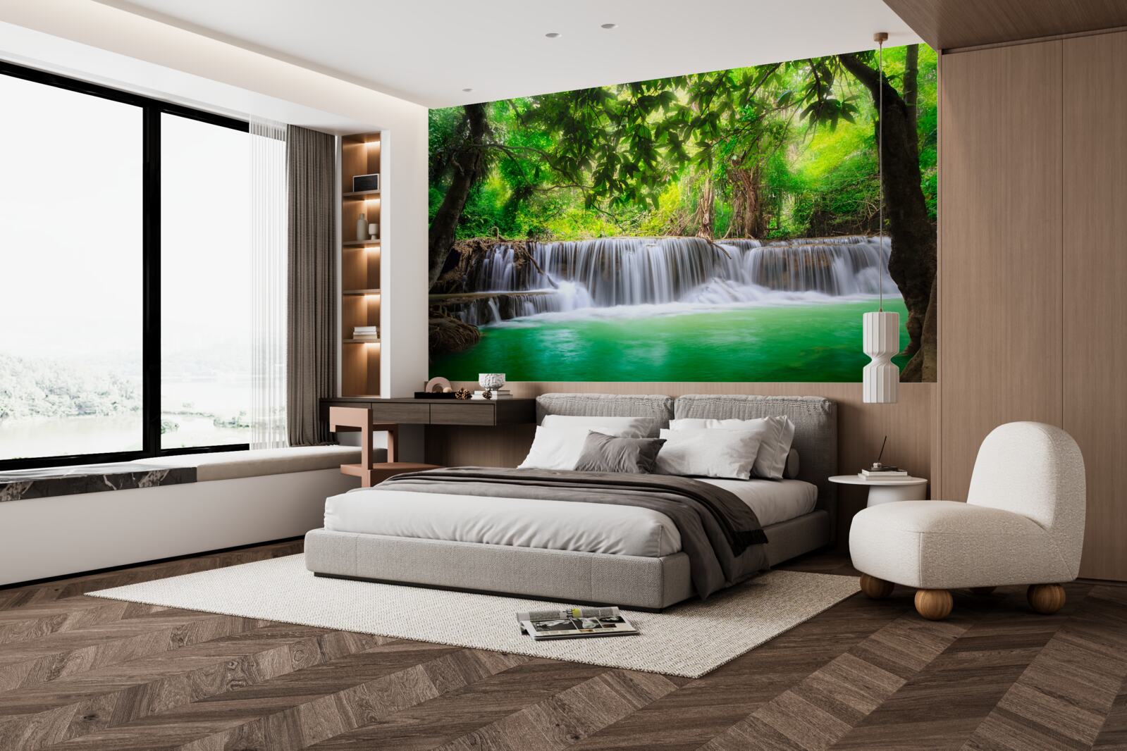 Fototapet cascada din pădure își hrănește apa cu culoarea smaraldului