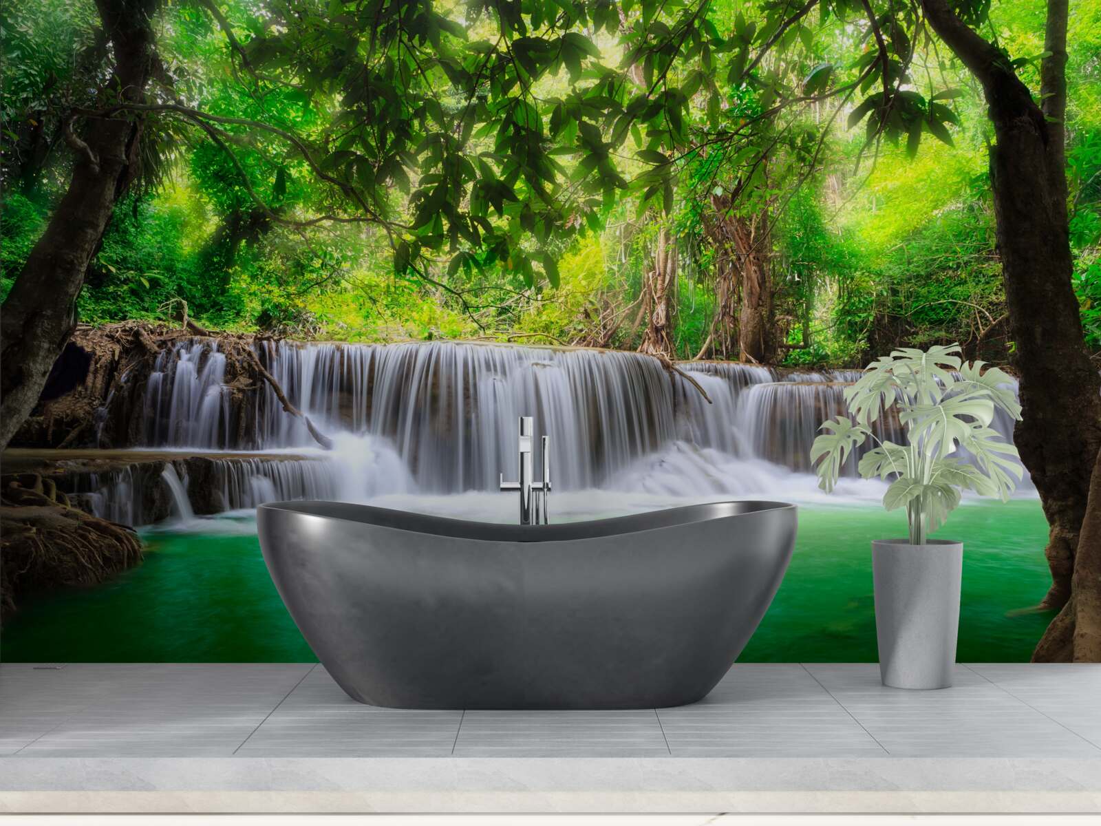 Fototapet cascada din pădure își hrănește apa cu culoarea smaraldului