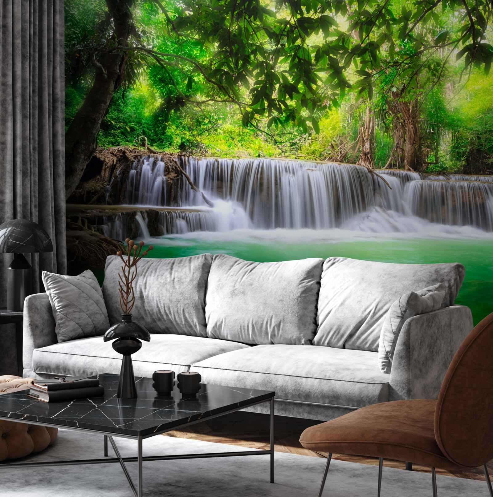 Fototapet cascada din pădure își hrănește apa cu culoarea smaraldului