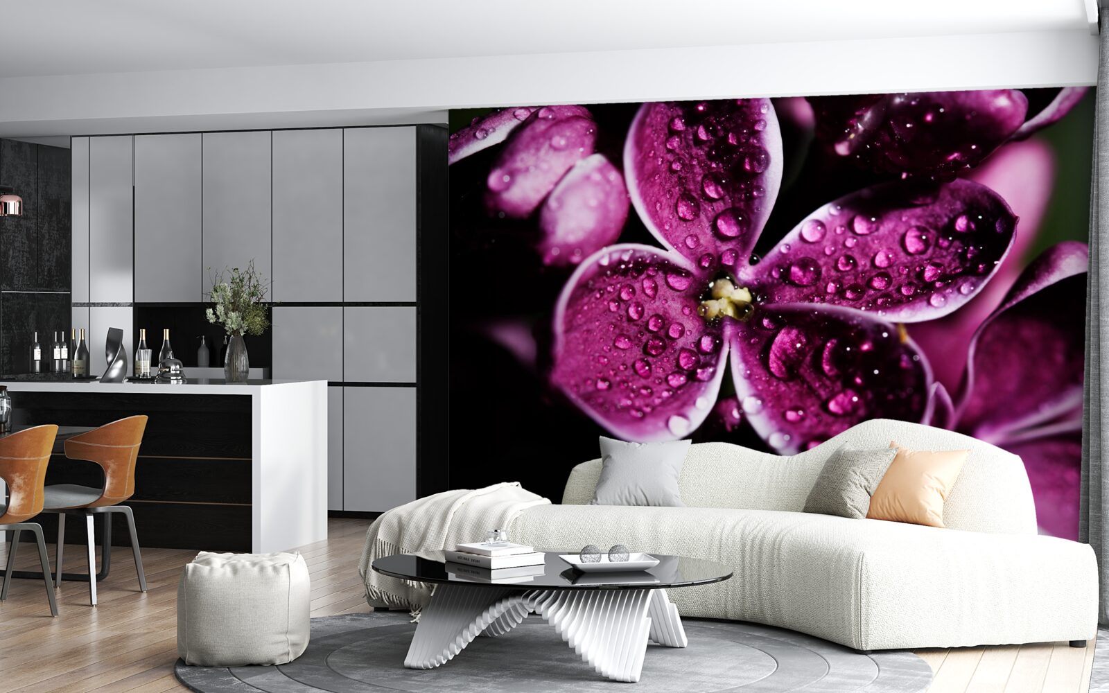 Fototapet picături mici pe flori cu o nuanță violet deschis