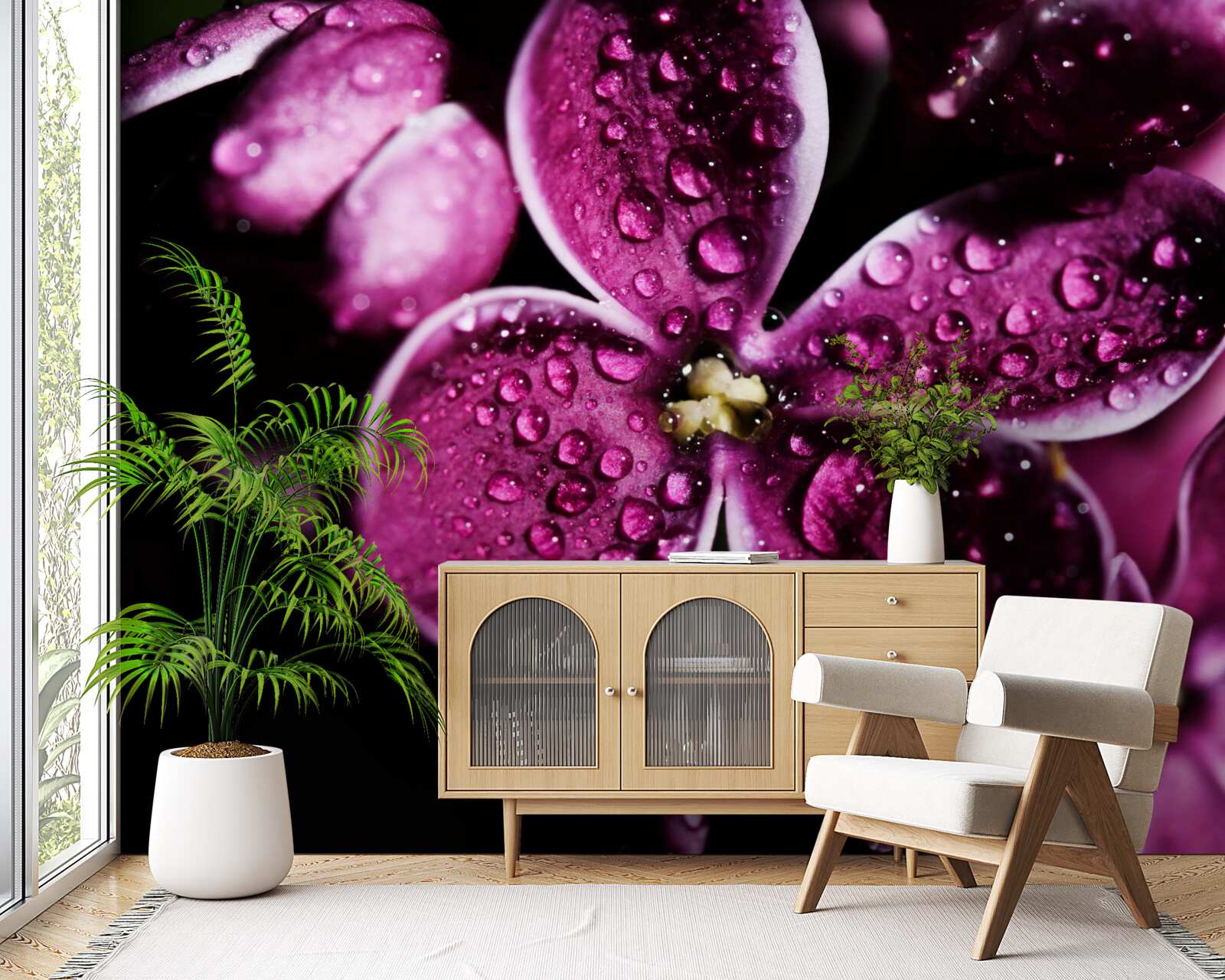 Fototapet picături mici pe flori cu o nuanță violet deschis