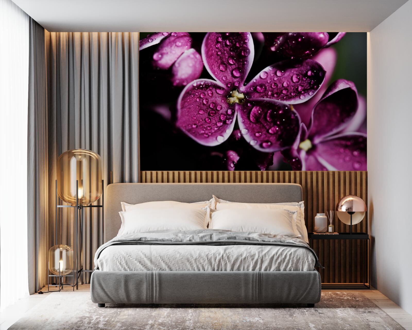 Fototapet picături mici pe flori cu o nuanță violet deschis