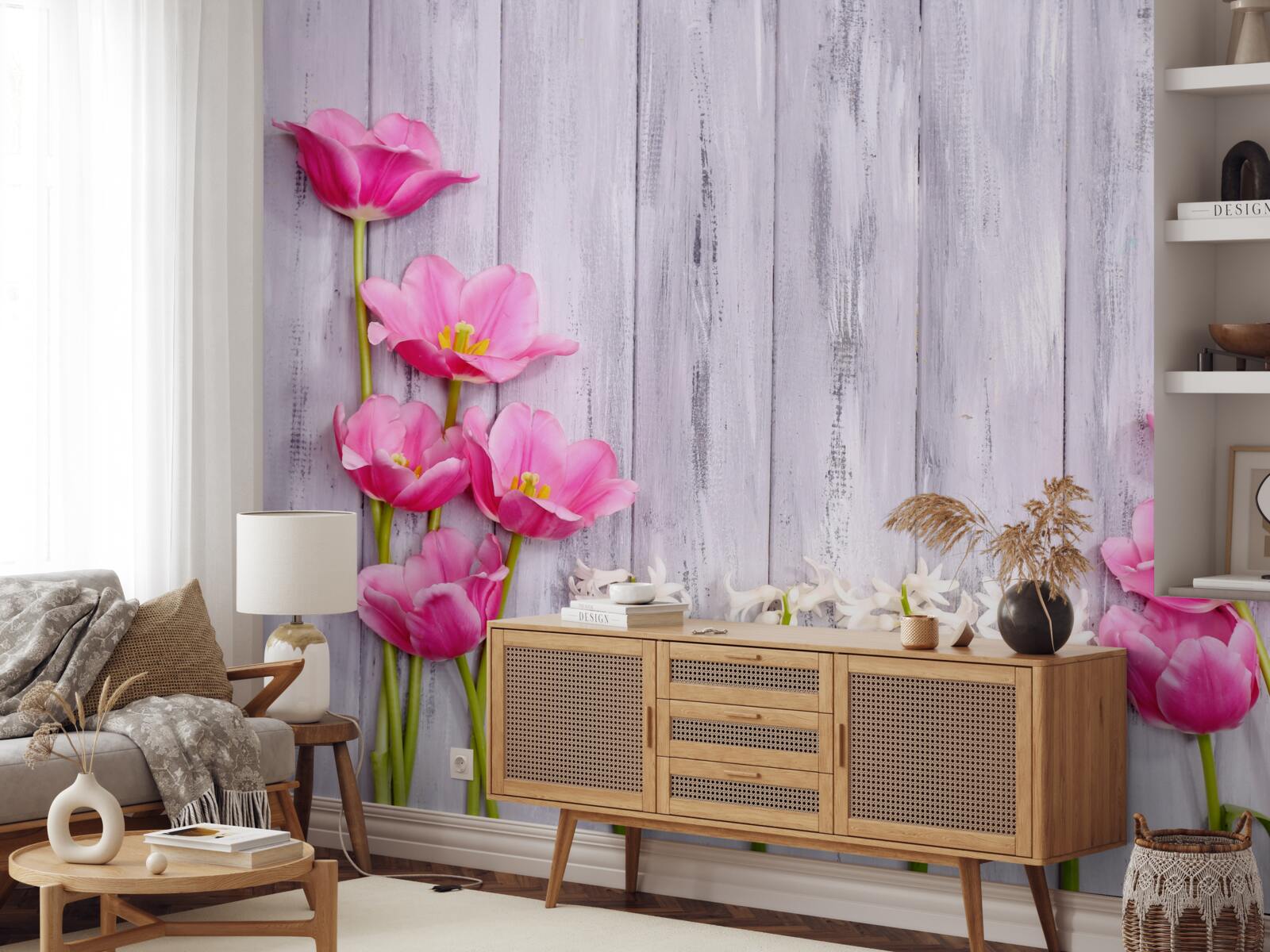 Fototapet lalele roz care cresc pe un copac